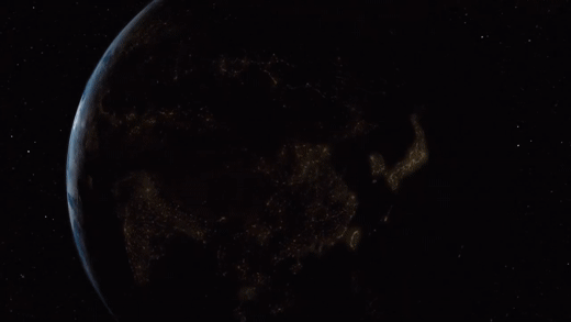 A 3D animation of the camera zooming from outer space into Japan