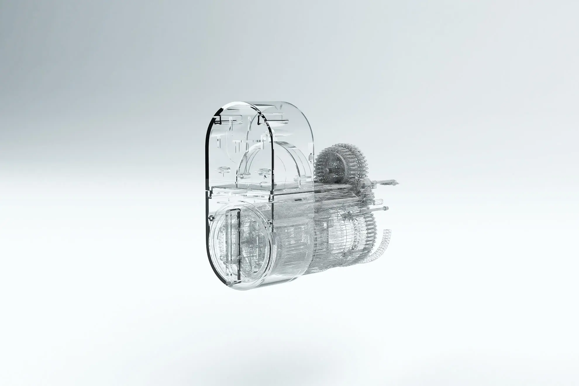 3D art of the bitlock LITE with the outer body made out of glass and the components stretching like spider webs