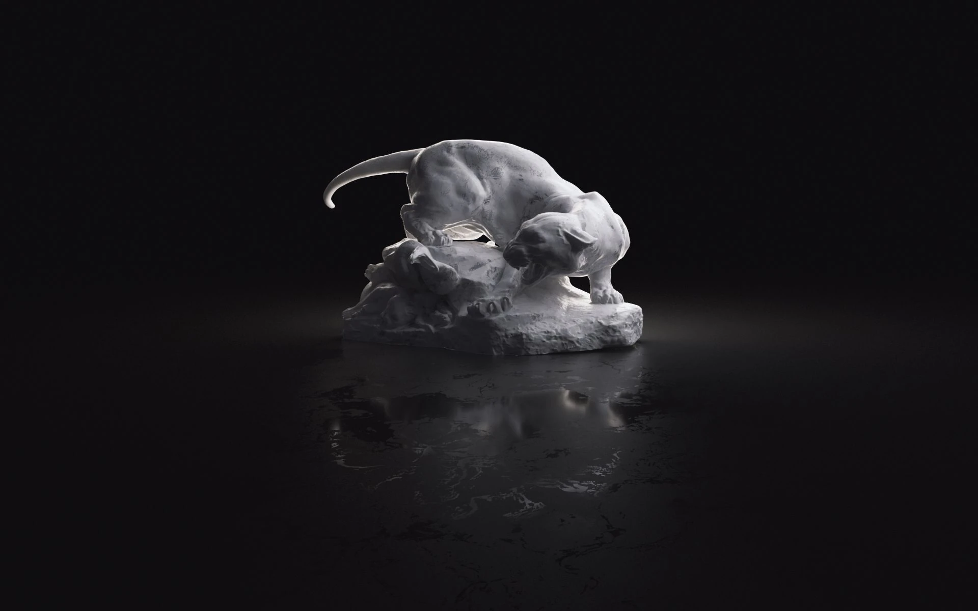 3D art of the panther & snake statue in a dark room with dramatic light