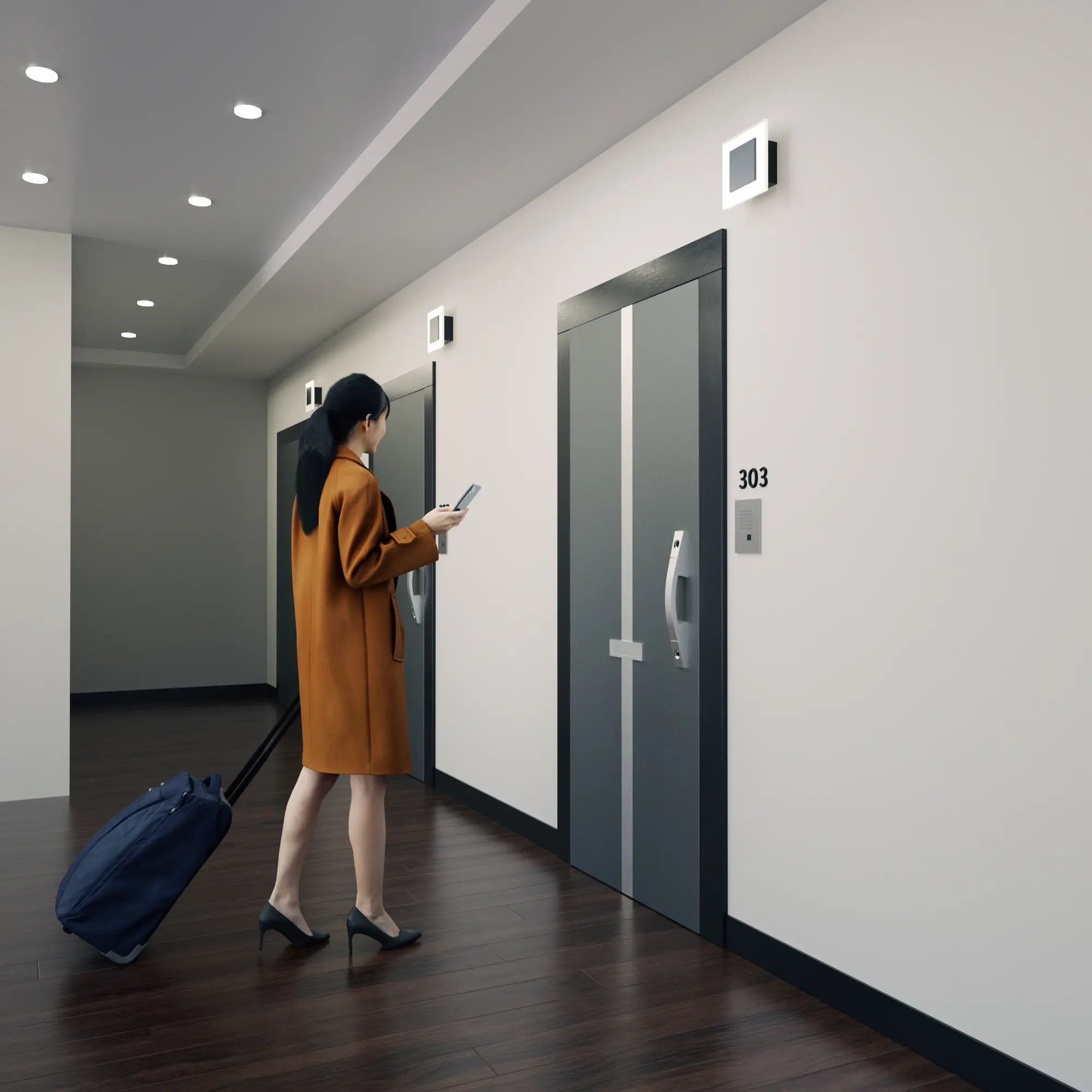 3D render of a woman with a carry-on luggage holding a smartphone while approaching her apartment door