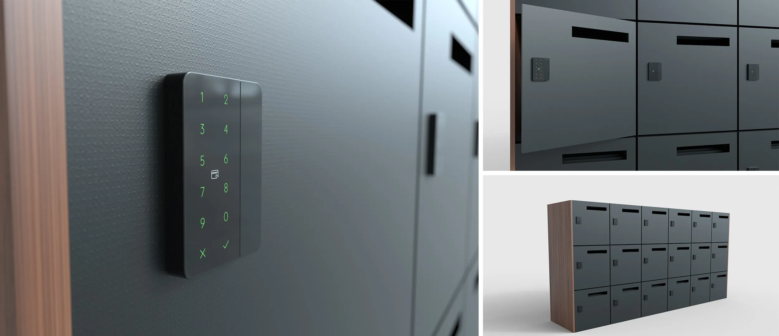A collage of the bitkey locker panel attached to a set of black lockers