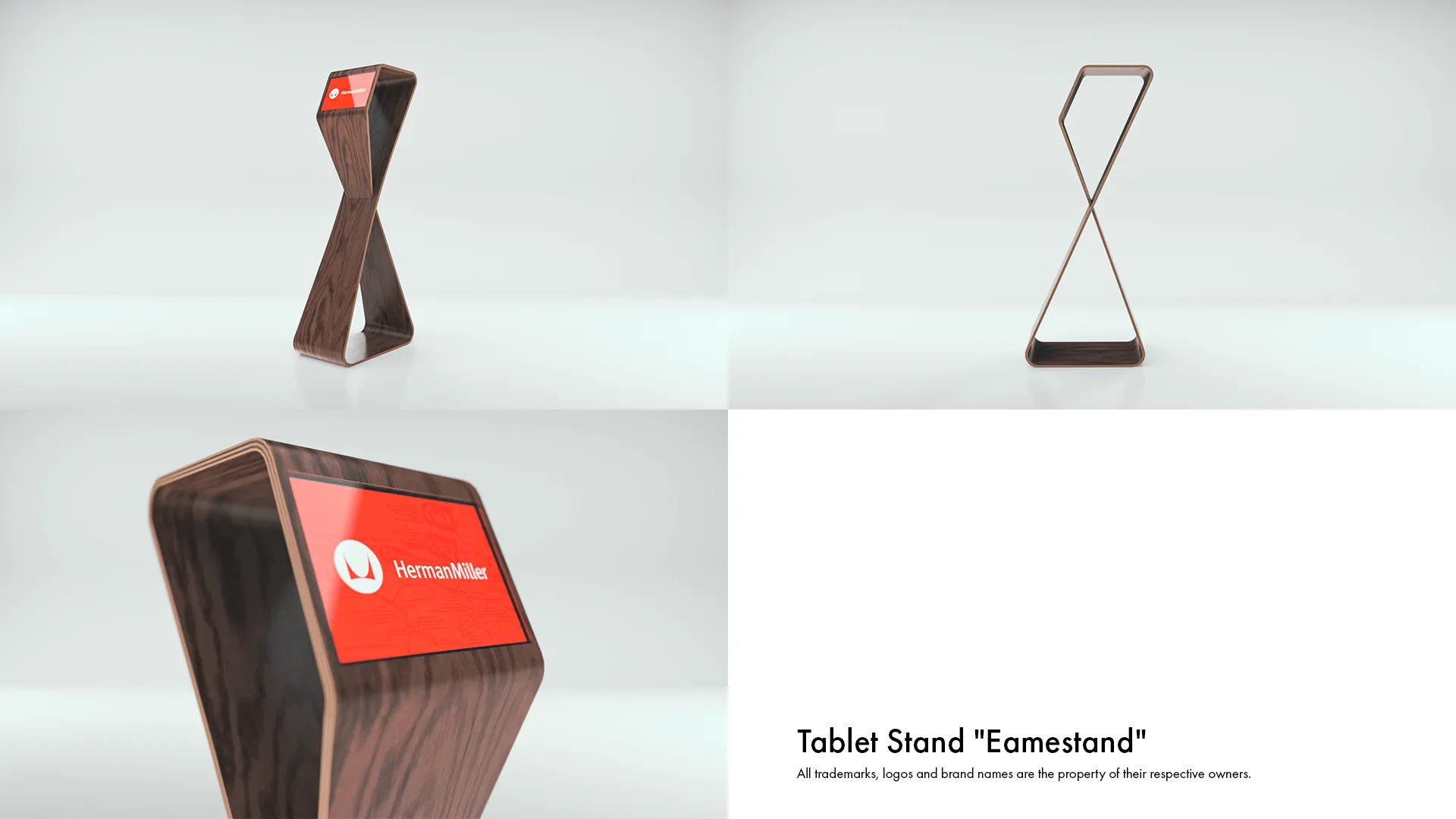 A 3D render of a tablet stand made out of bent plywood creating an infinite loop