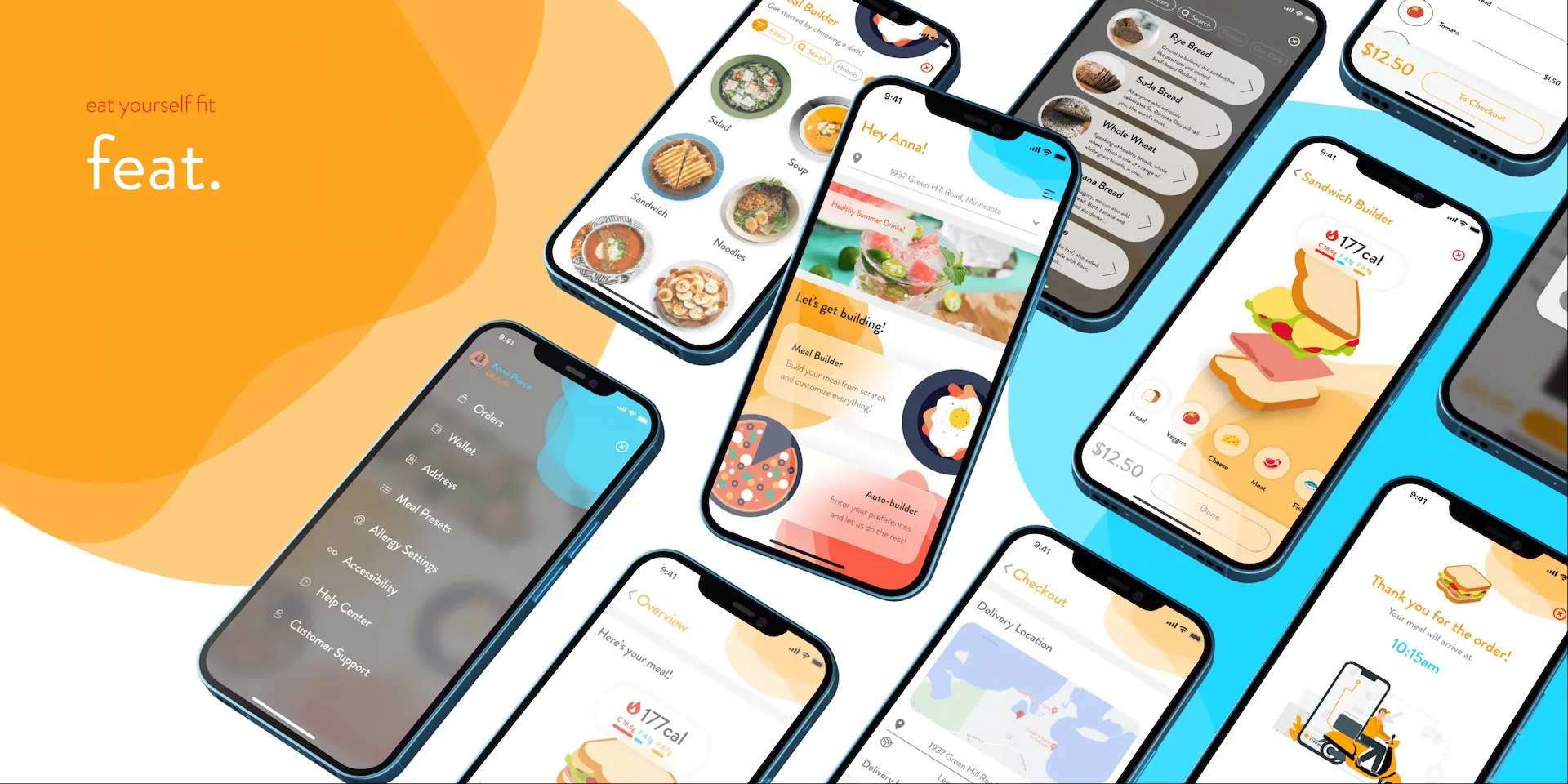 Colorful app screens on multiple smart phone showing a healthy food order app
