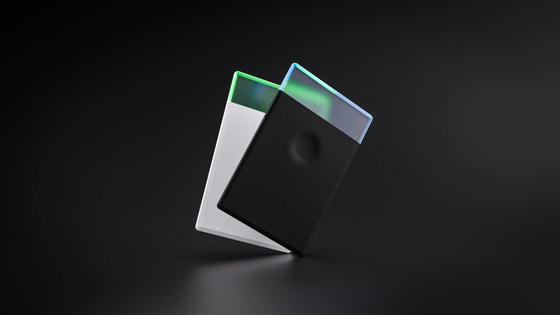 3D render of two bitbutton card in black and white line up with glowing LEDs