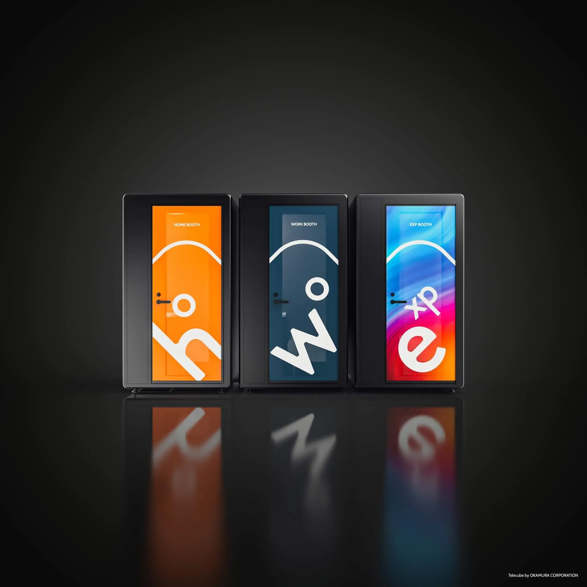 Three okamura work pods with bitkey's hub suite branding lined up in a dark room