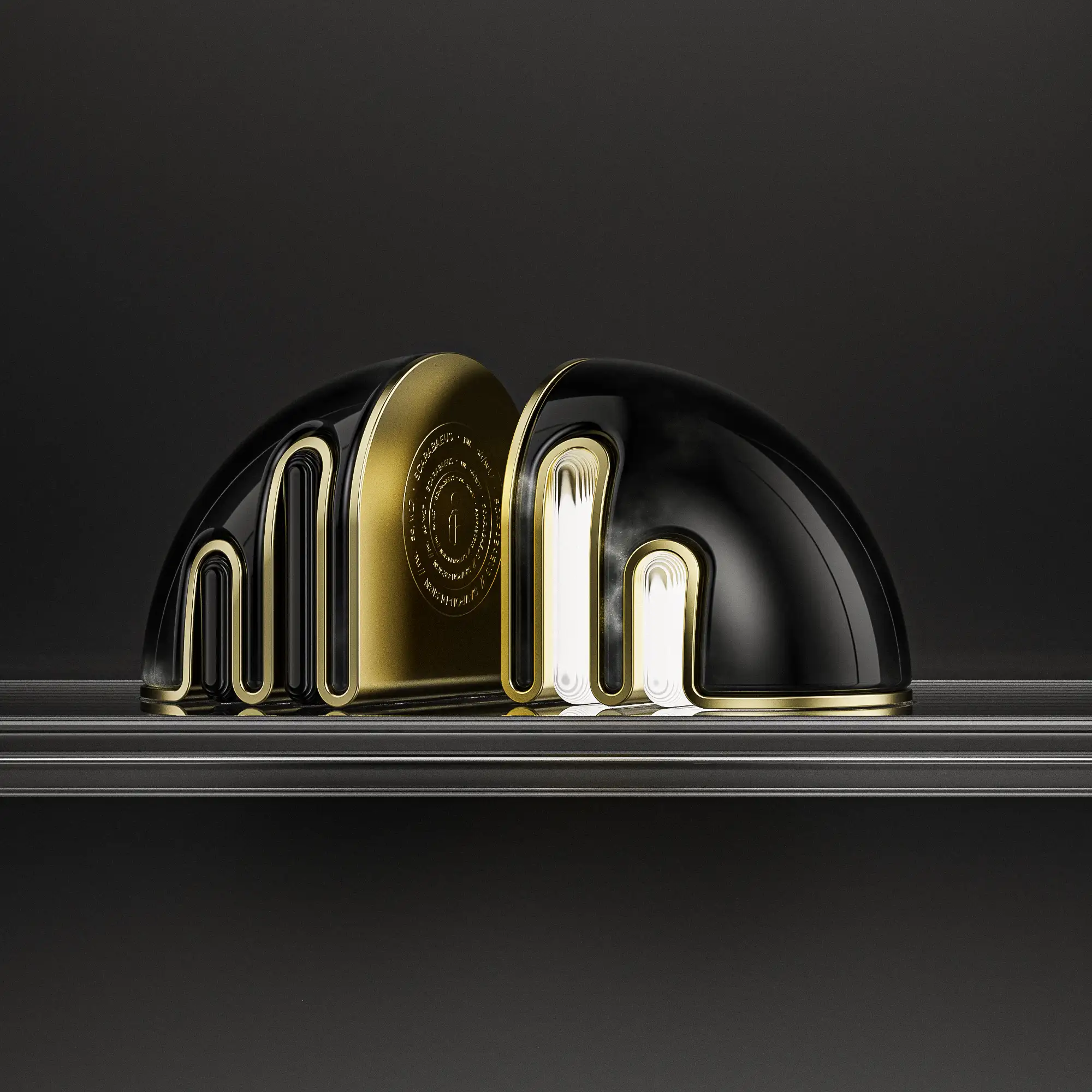 3D render of bookends that looks like a scarab, made of black marble on top, rough brass material and riffled glass with white lights