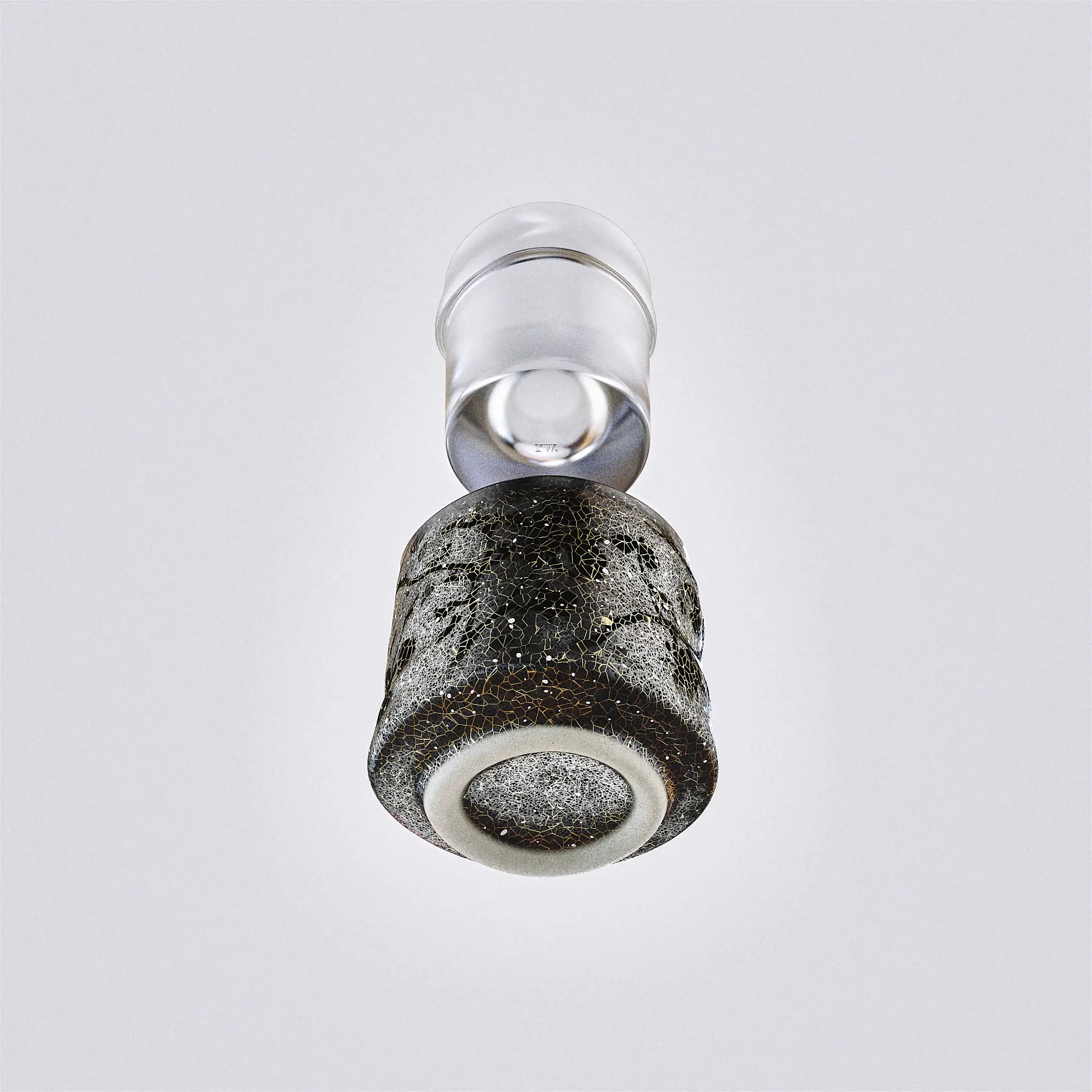 3d render of a japanese ceramic cup with a glass cup floating above it