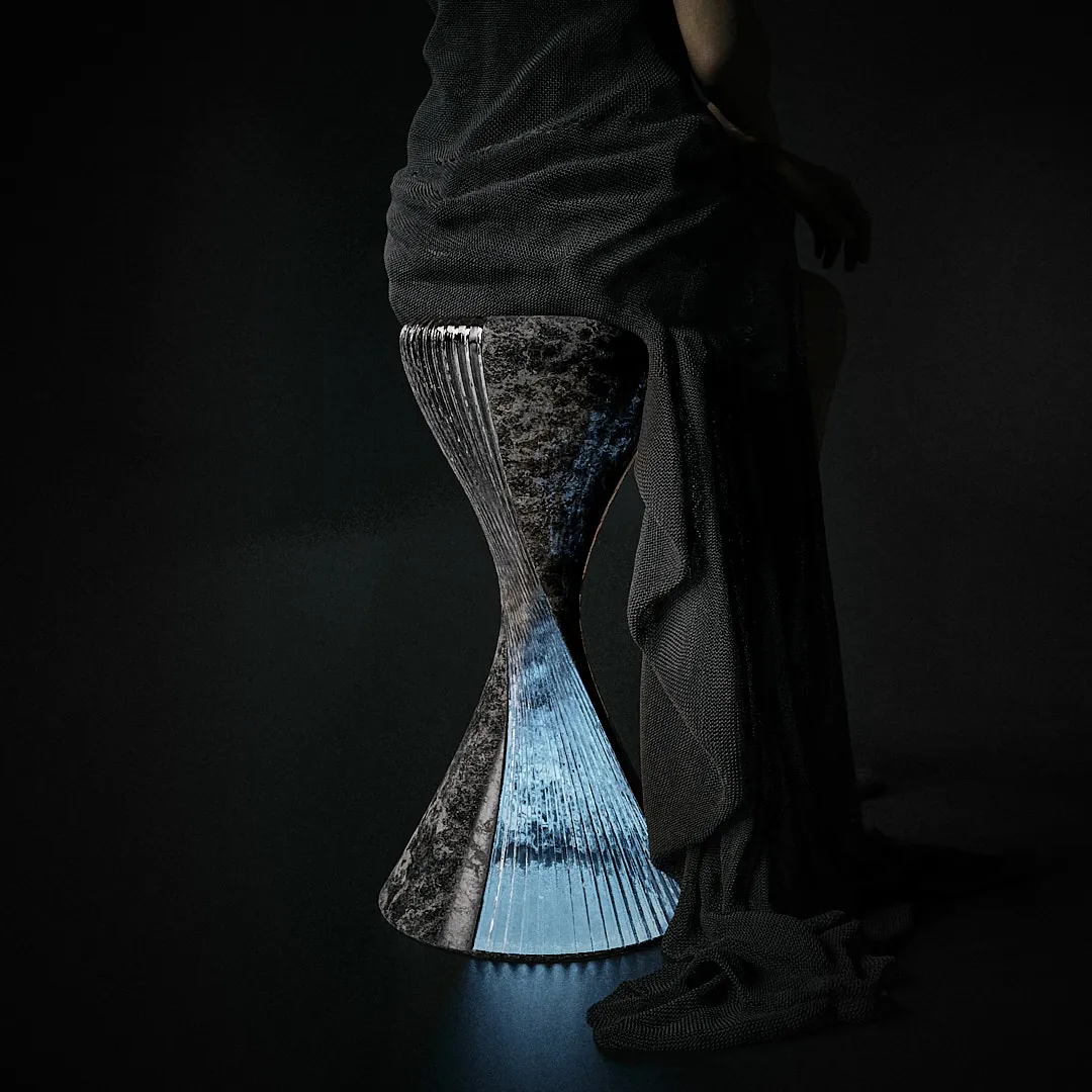 3D render of a woman sitting on a chair made of stone and wavy glass with blue light diffused from underneath