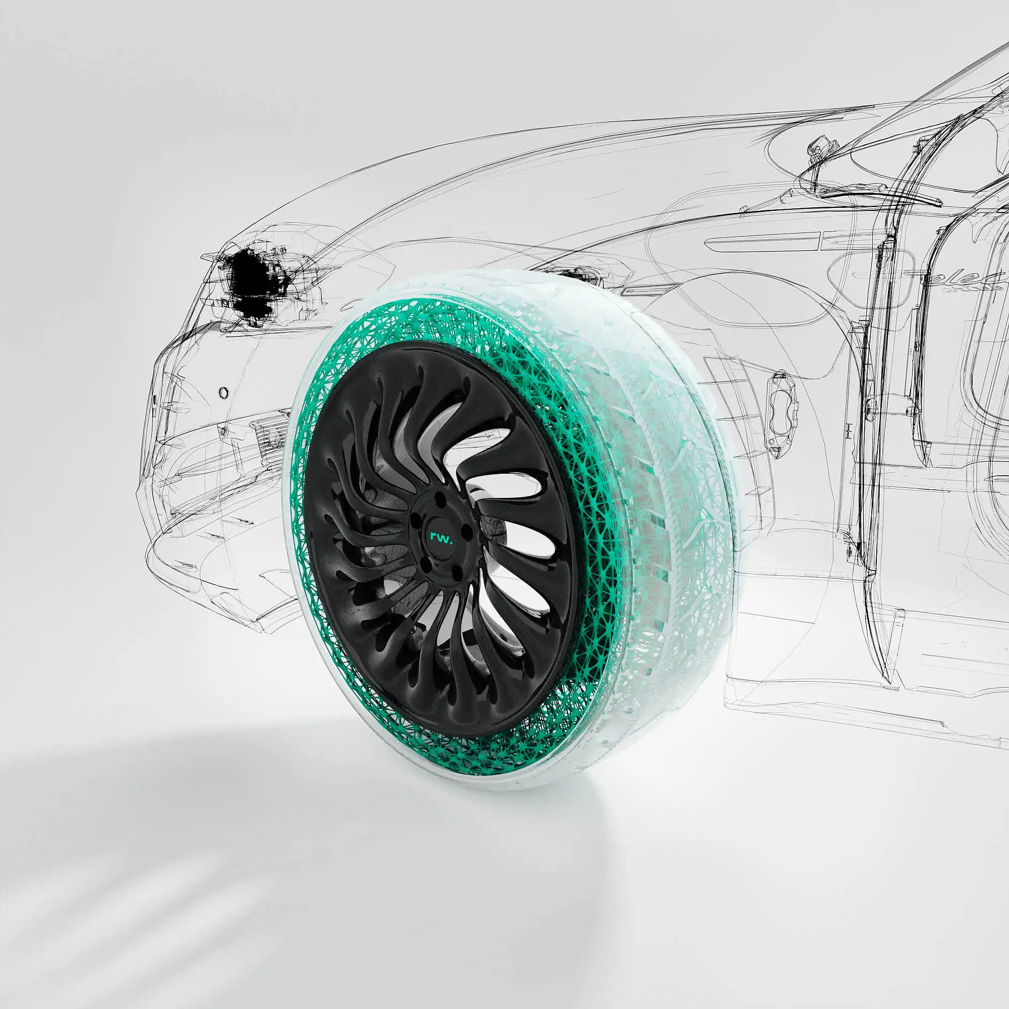 a 3d render of a 3d printed wheel attached to a technical sketch of a sportscar