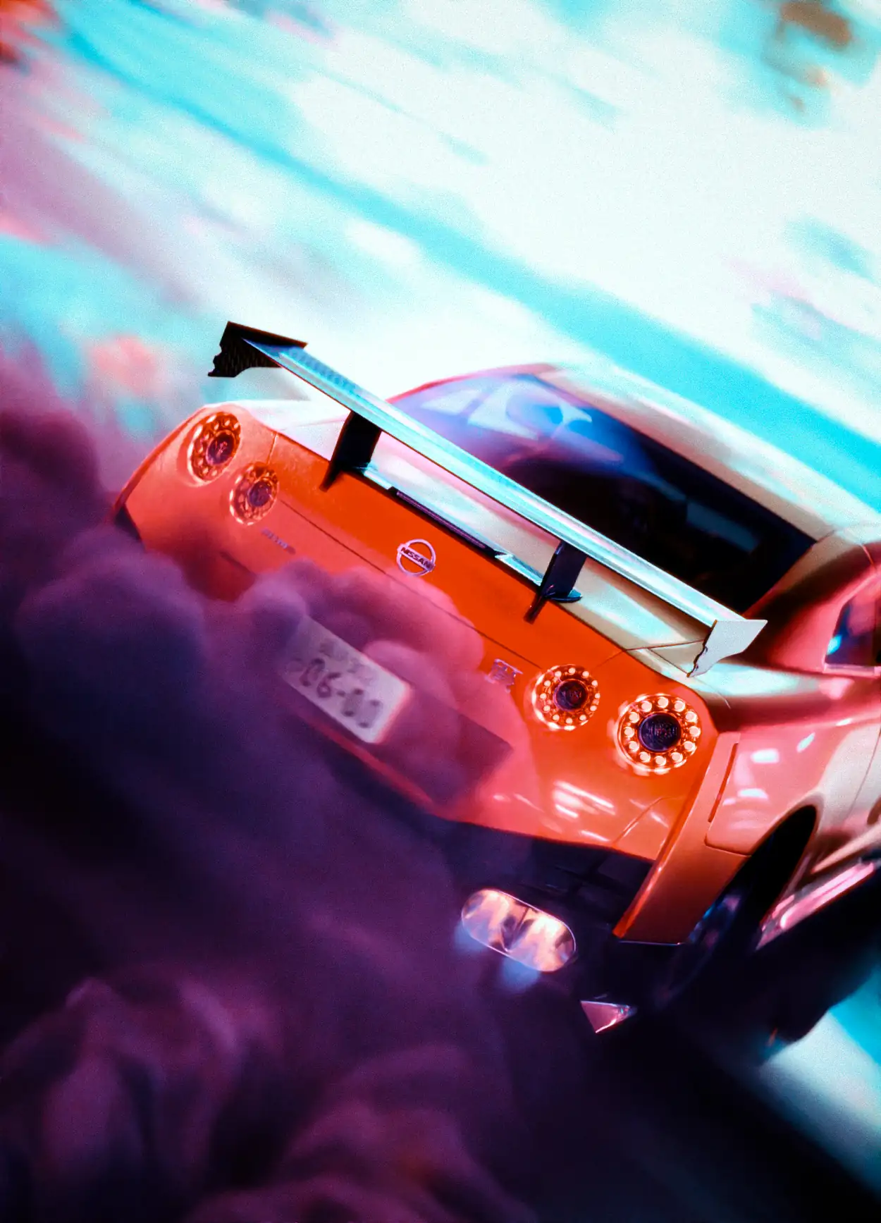An orange nissan gtr drifting sideways, drowning in smoke and neon lights 