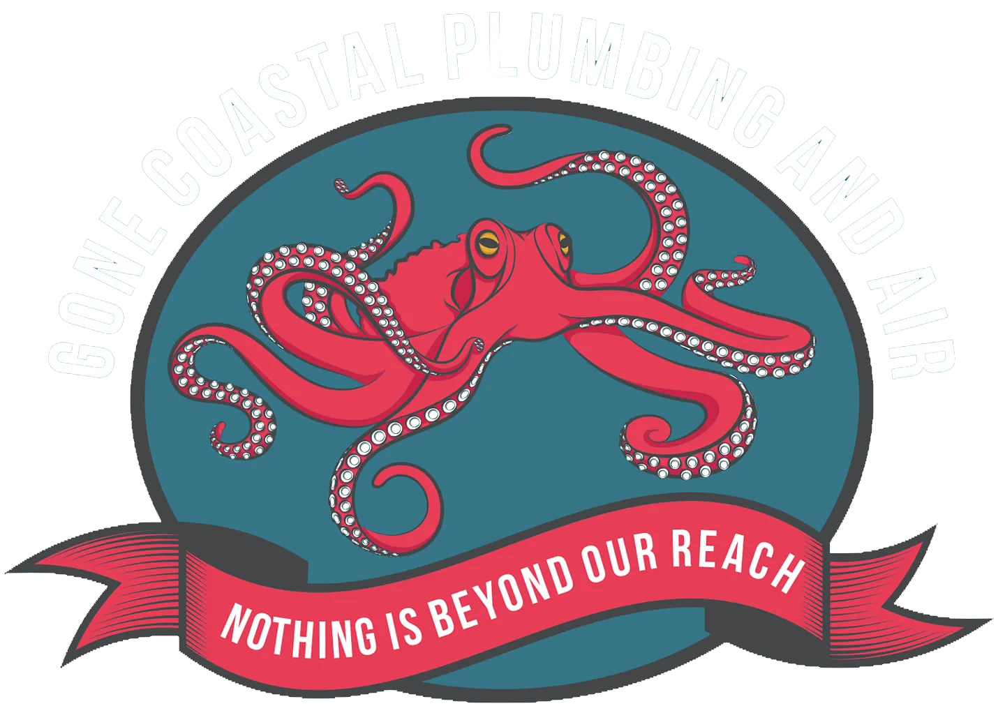 Logo with a red octopus in a blue oval, surrounded by the text 'Gone Coastal Plumbing and Air' and a red banner below stating 'Nothing is beyond our reach'.