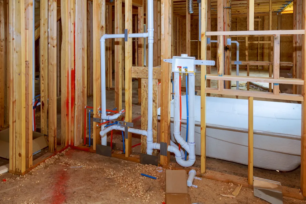 Exposed wooden framing with newly installed white PVC plumbing pipes in unfinished basement under construction.