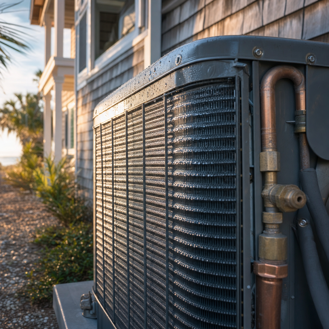 Close-up of a residential outdoor HVAC condenser unit with slight condensation, representing emergency HVAC services.