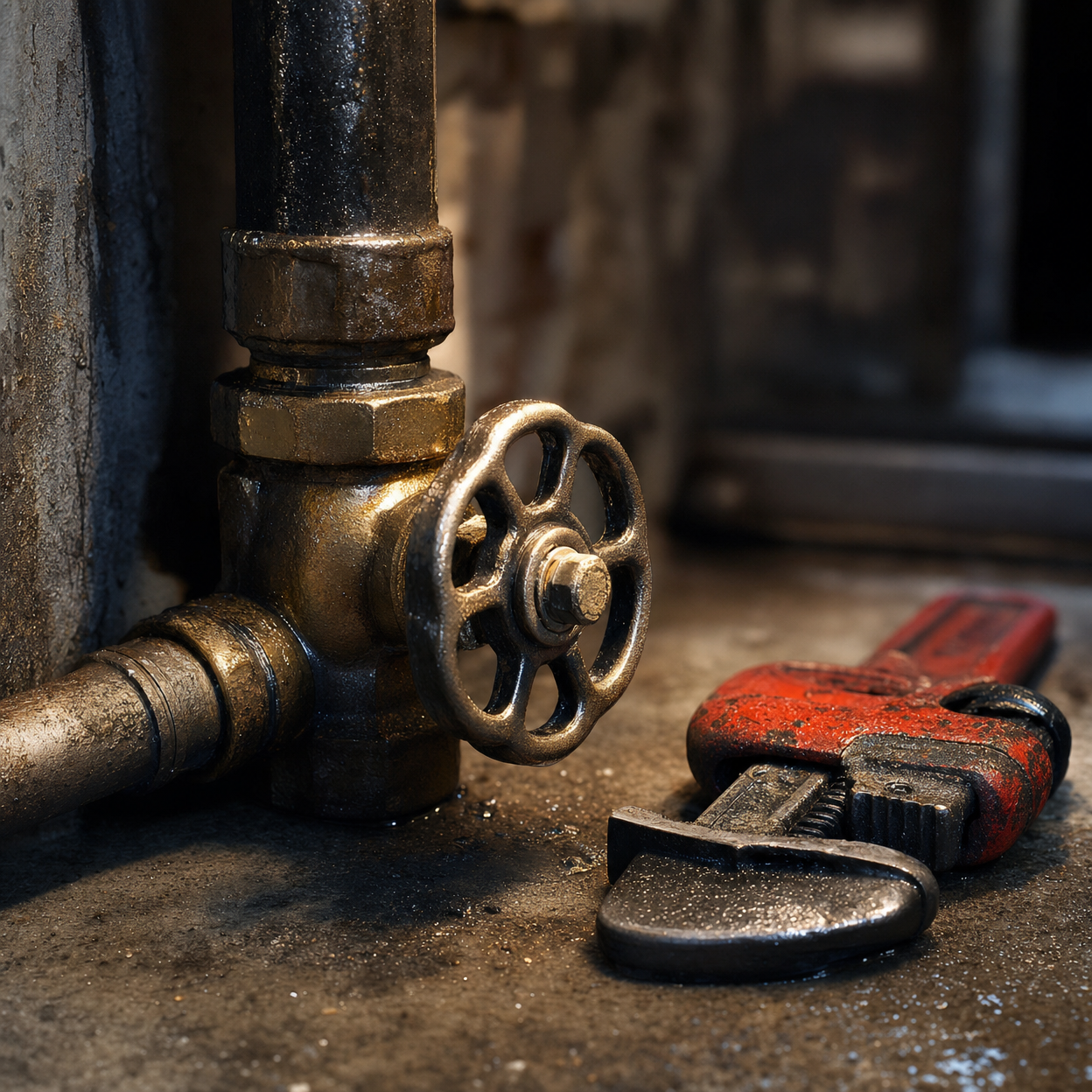 Close-up of a residential main water shutoff valve with a pipe wrench, representing emergency plumbing services.