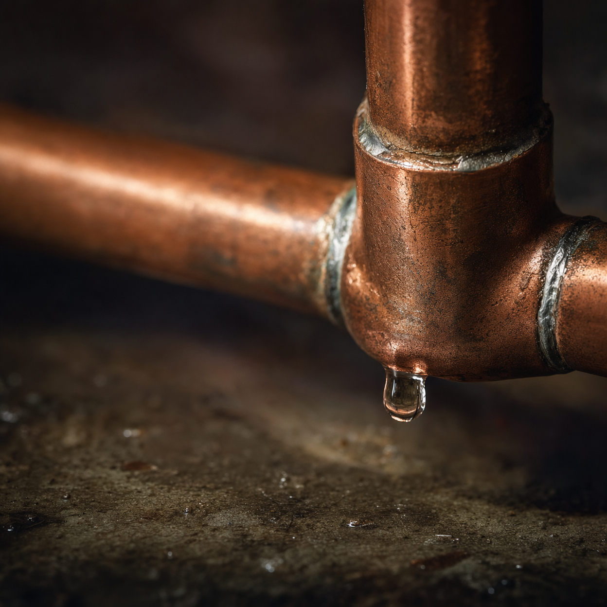 Close-up of a copper water pipe with a small bead of water forming at a joint, representing hidden leak detection.