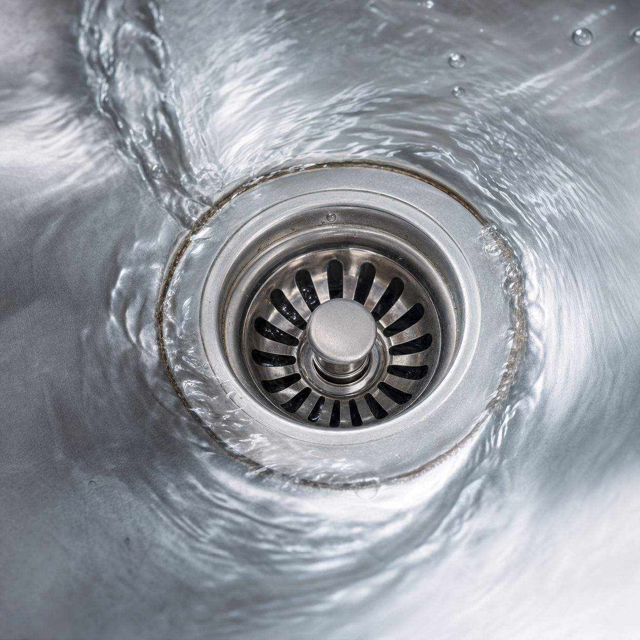 Close-up of a stainless steel drain with water swirling slowly around it, representing drain cleaning services.