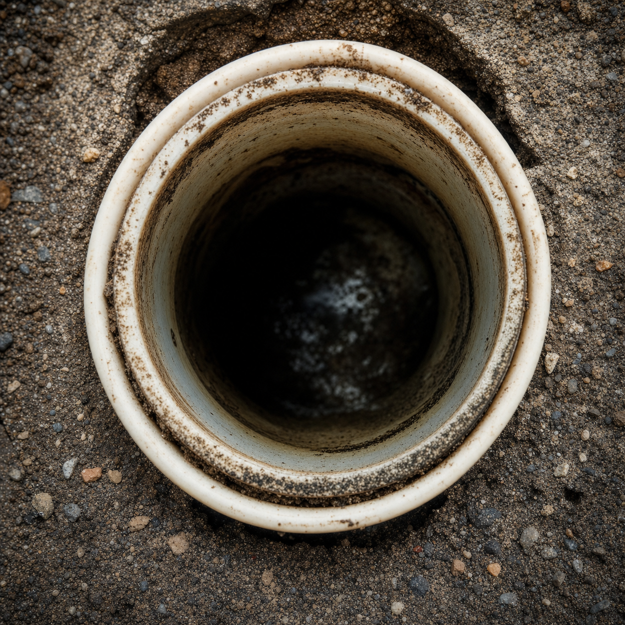 Close-up view looking into an open residential sewer cleanout access pipe, representing sewer line repair and replacement.