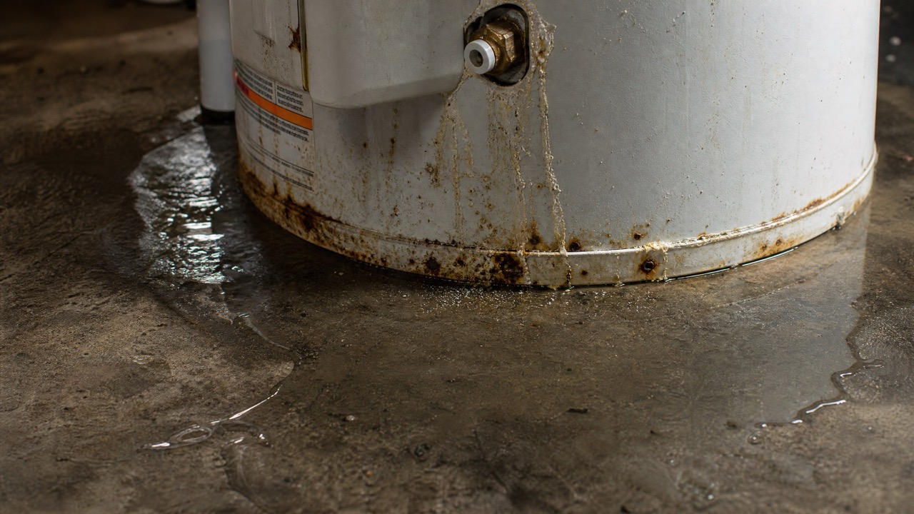 Close up of a traditional water heater leaking from the base onto a concrete floor.