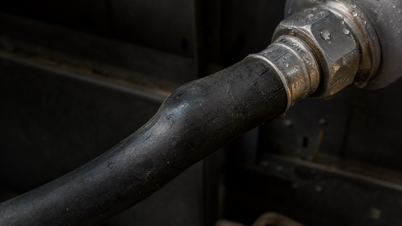 Close up of an old rubber washing machine hose showing signs of bulging and dry rot.