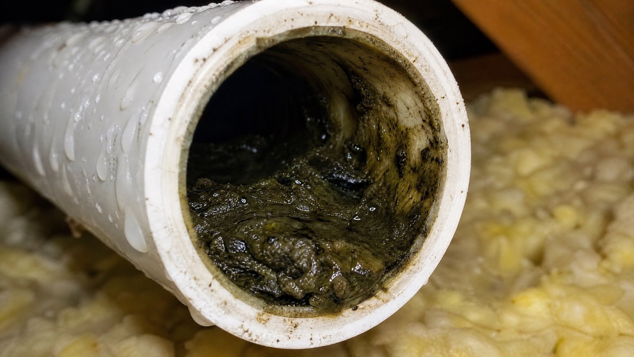 Close up showing the inside of a PVC AC condensate drain line completely blocked by algae sludge.