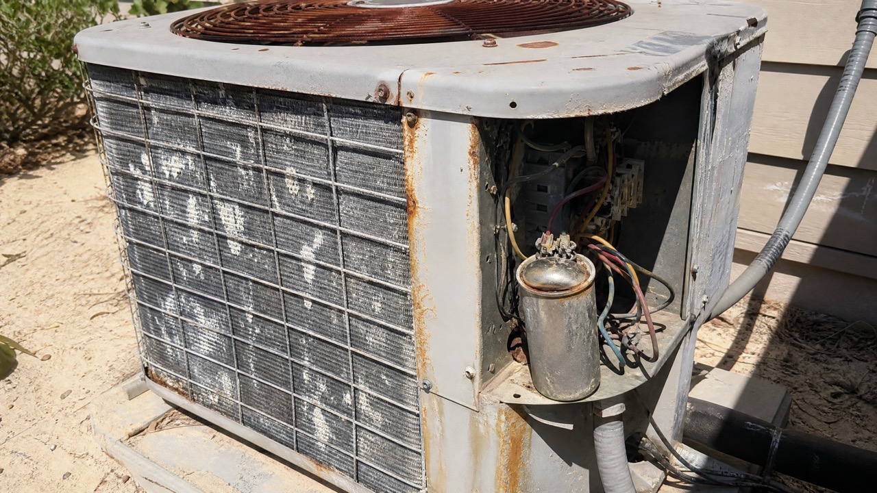 Close-up of an outdoor residential HVAC condenser unit with a failed capacitor in intense summer heat.