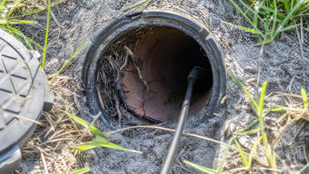 Close-up of a residential sewer cleanout pipe with a CCTV camera cable being fed into it.