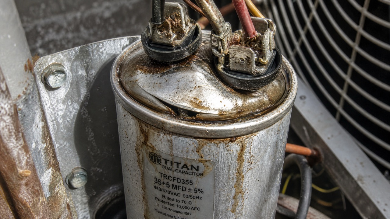 Close-up macro shot of a failed, bulging dual run capacitor inside an outdoor HVAC condenser unit.