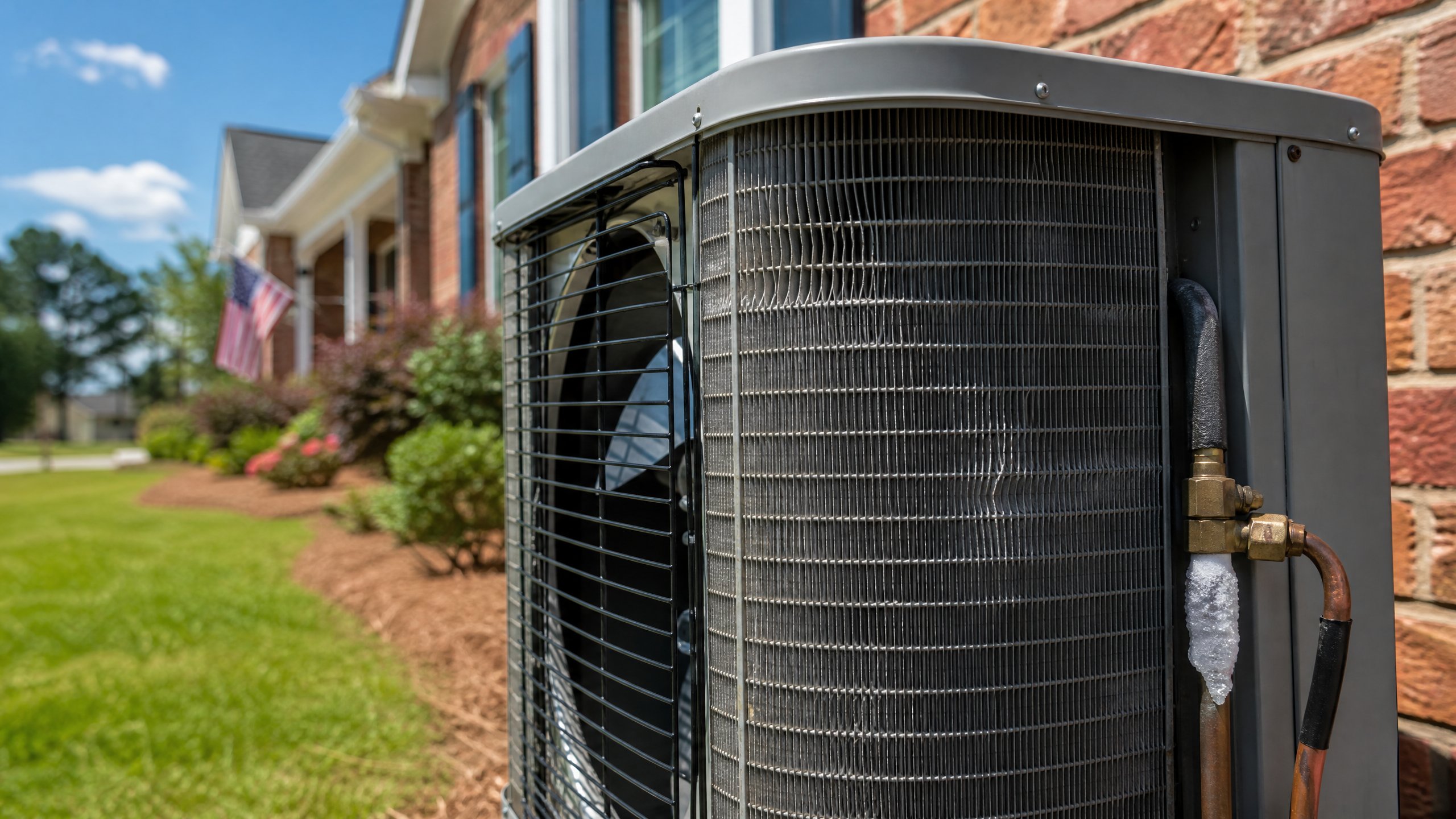 Outdoor air conditioner condenser with a frosted refrigerant line beside a Foley home.