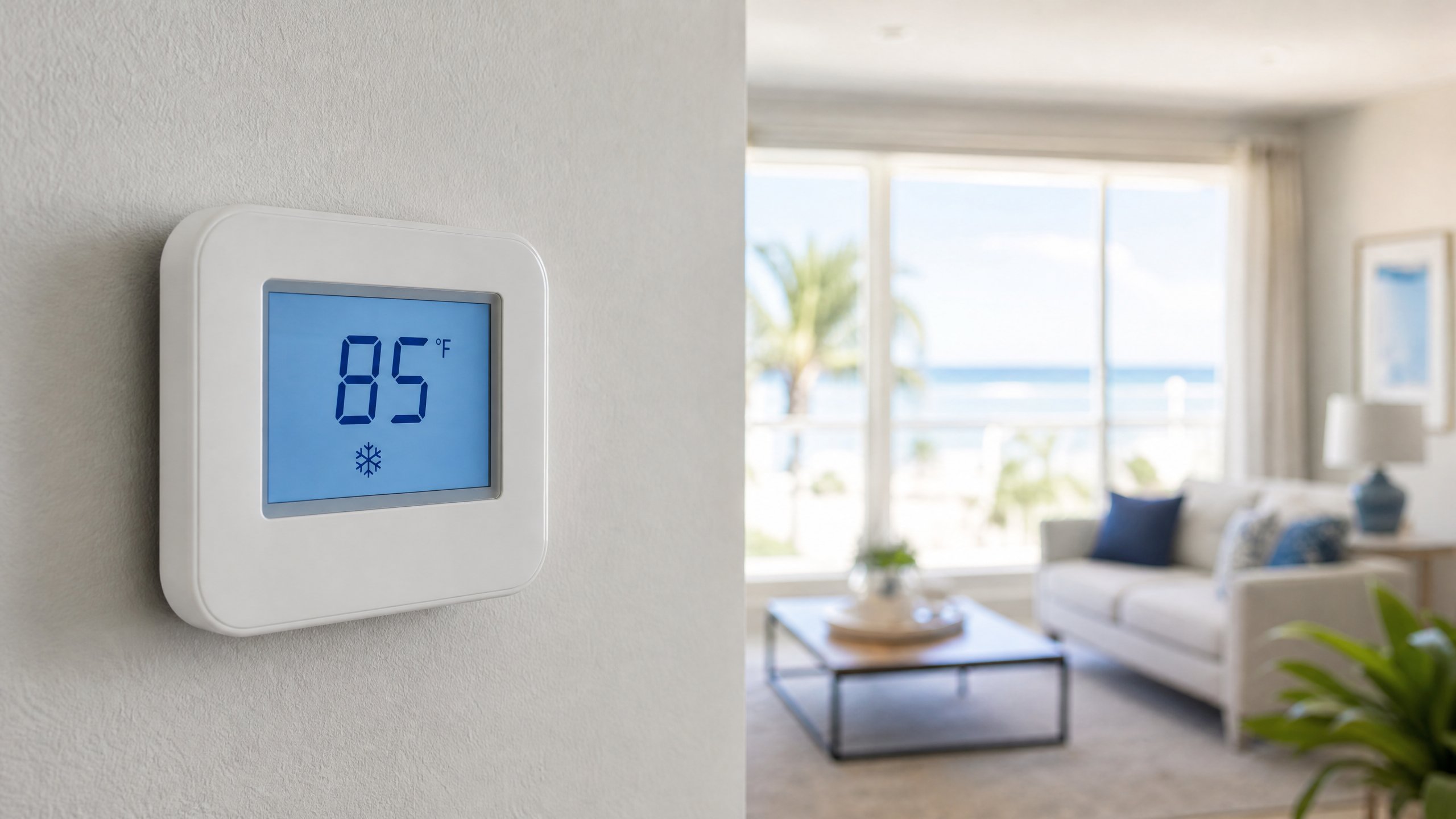 Digital thermostat displaying 85 degrees in a bright coastal Alabama home.