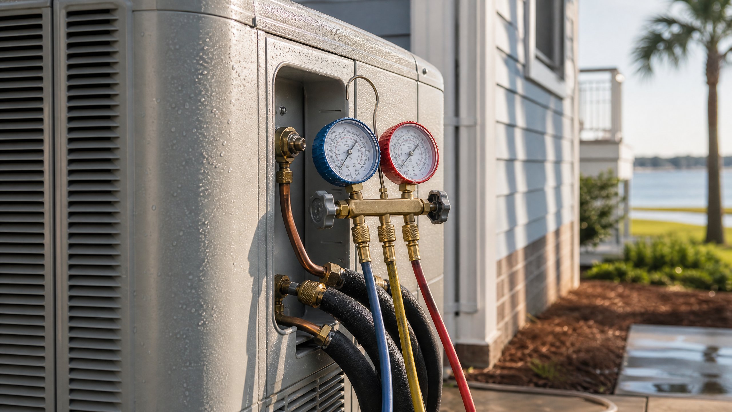 HVAC diagnostic gauges connected to an outdoor air conditioner condenser in coastal Alabama.