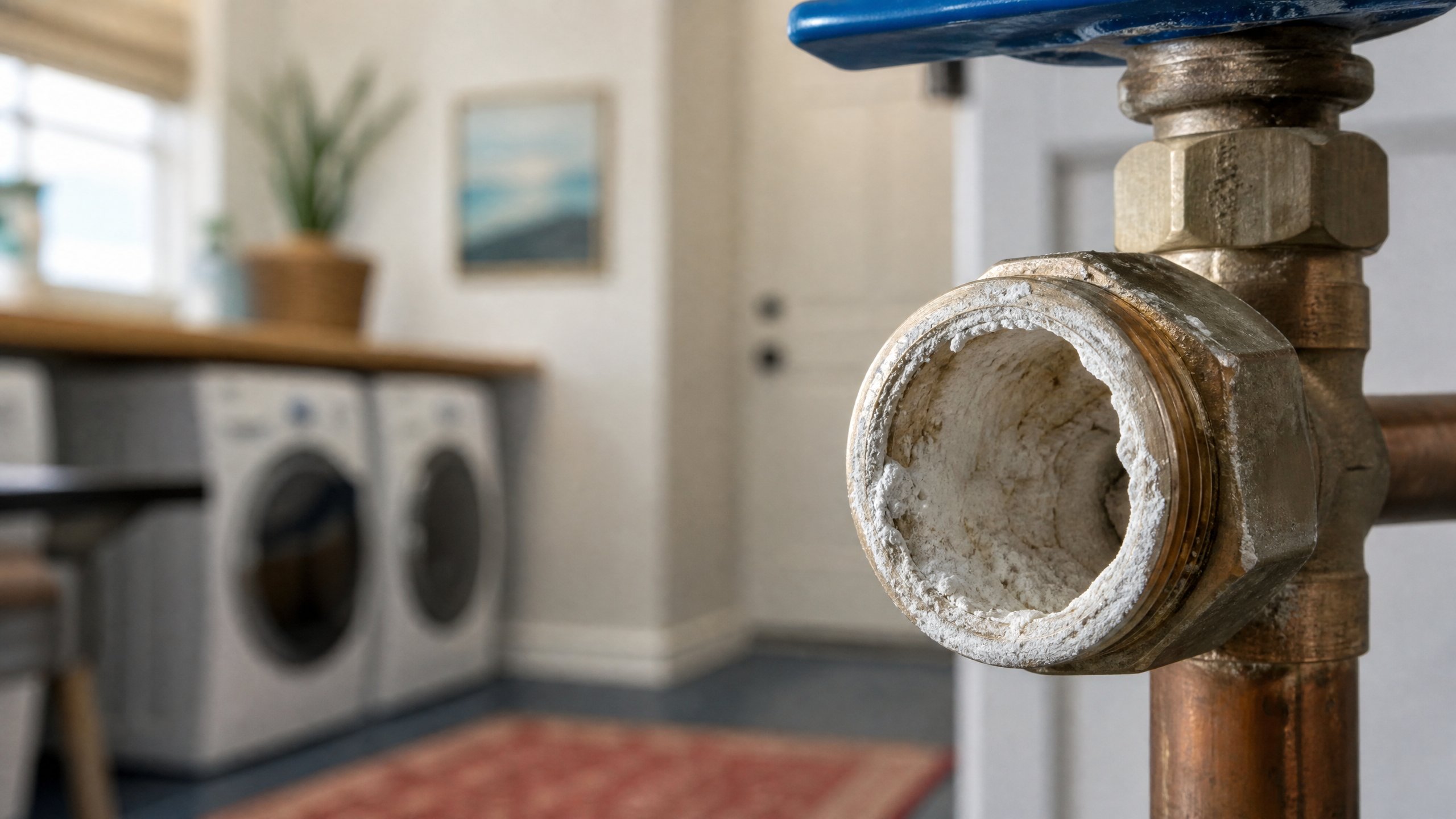 White mineral scale buildup inside a brass pipe fitting in an Elberta home.