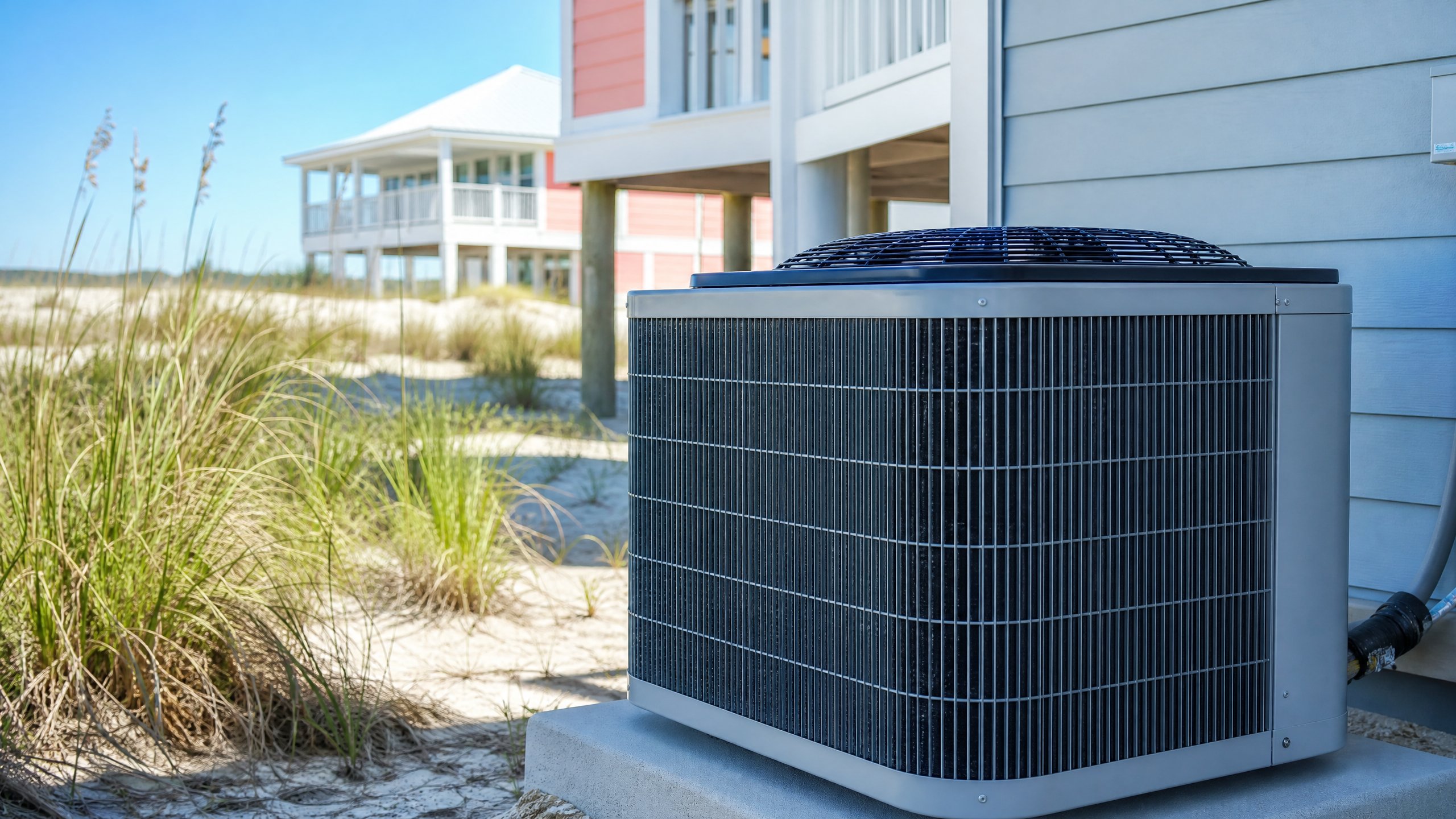 Outdoor air conditioner beside a raised Fort Morgan beach rental and dune grass.