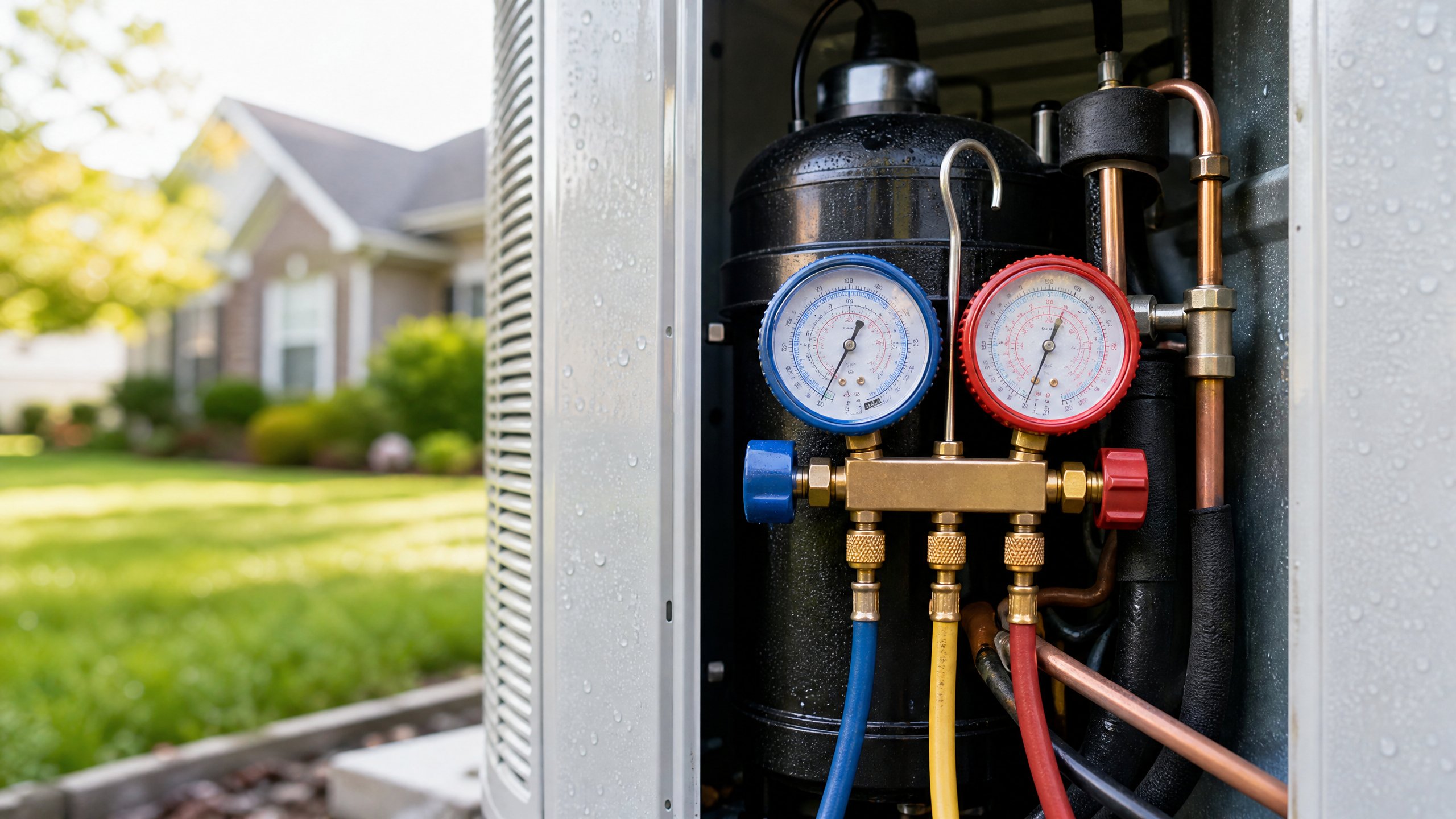HVAC diagnostic gauges connected to an outdoor AC compressor in a Baldwin County yard.