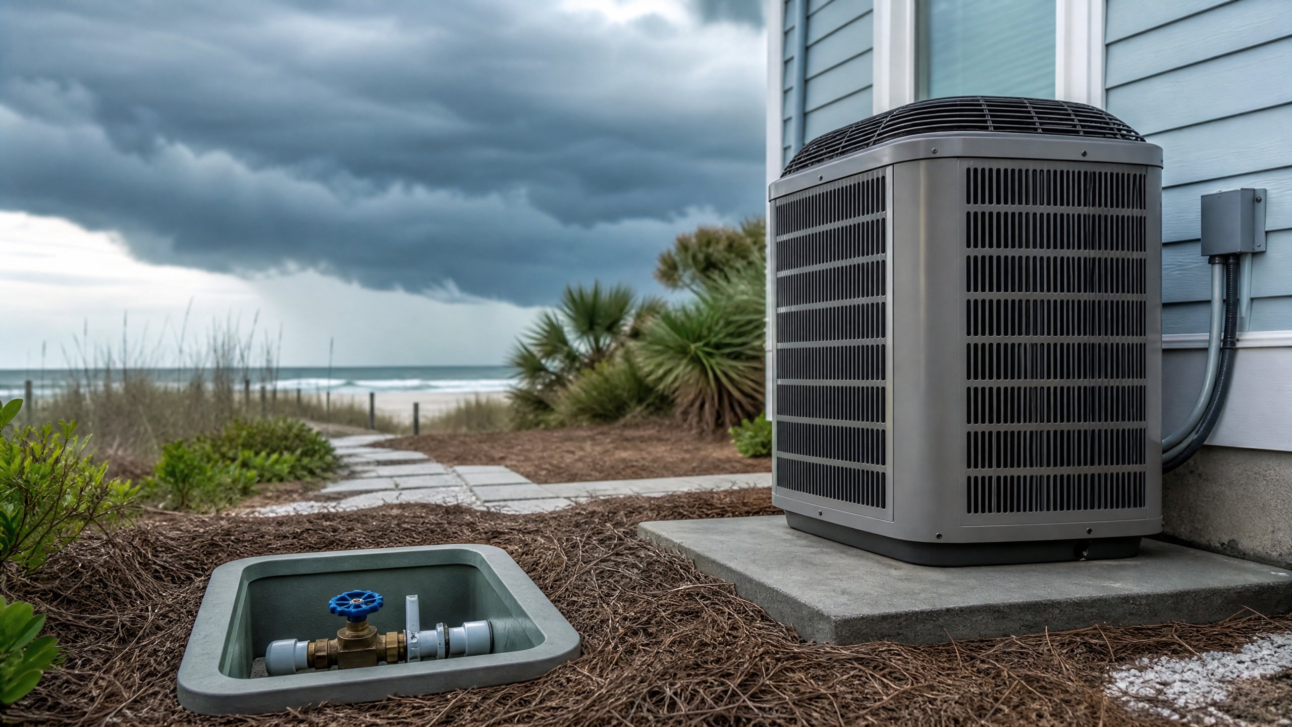 Outdoor air conditioner and main water shutoff near Perdido Beach as storm clouds approach.
