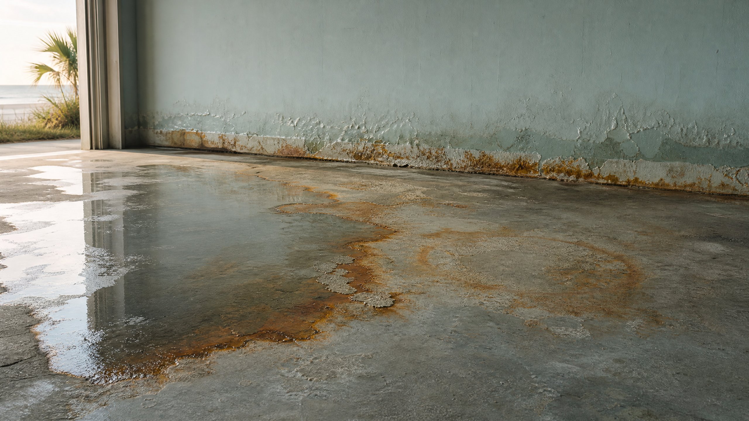 Rust-stained water spreading across a concrete garage floor from a failed water heater in a Baldwin County home