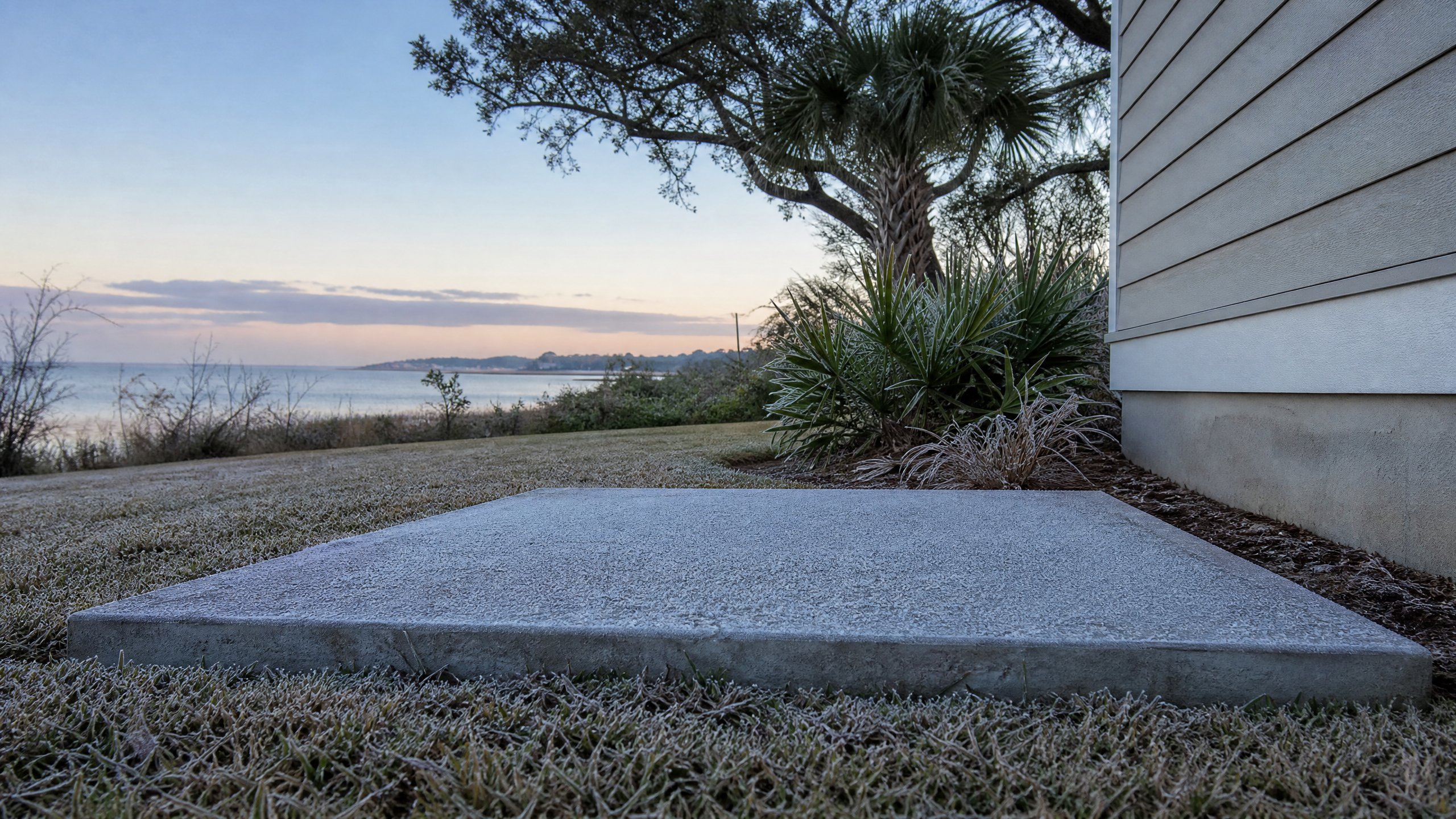 Heavy frost coating a bare concrete equipment pad beside a coastal Alabama home on a freezing winter morning
