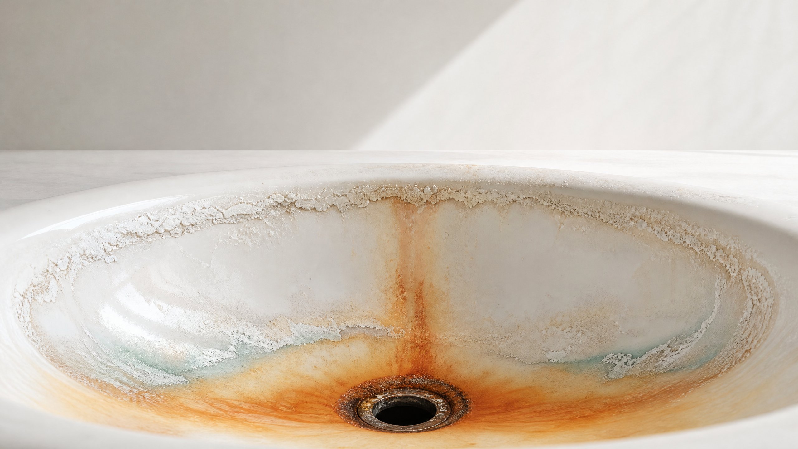 Orange iron staining and white mineral scale buildup spreading across a white porcelain sink basin and drain