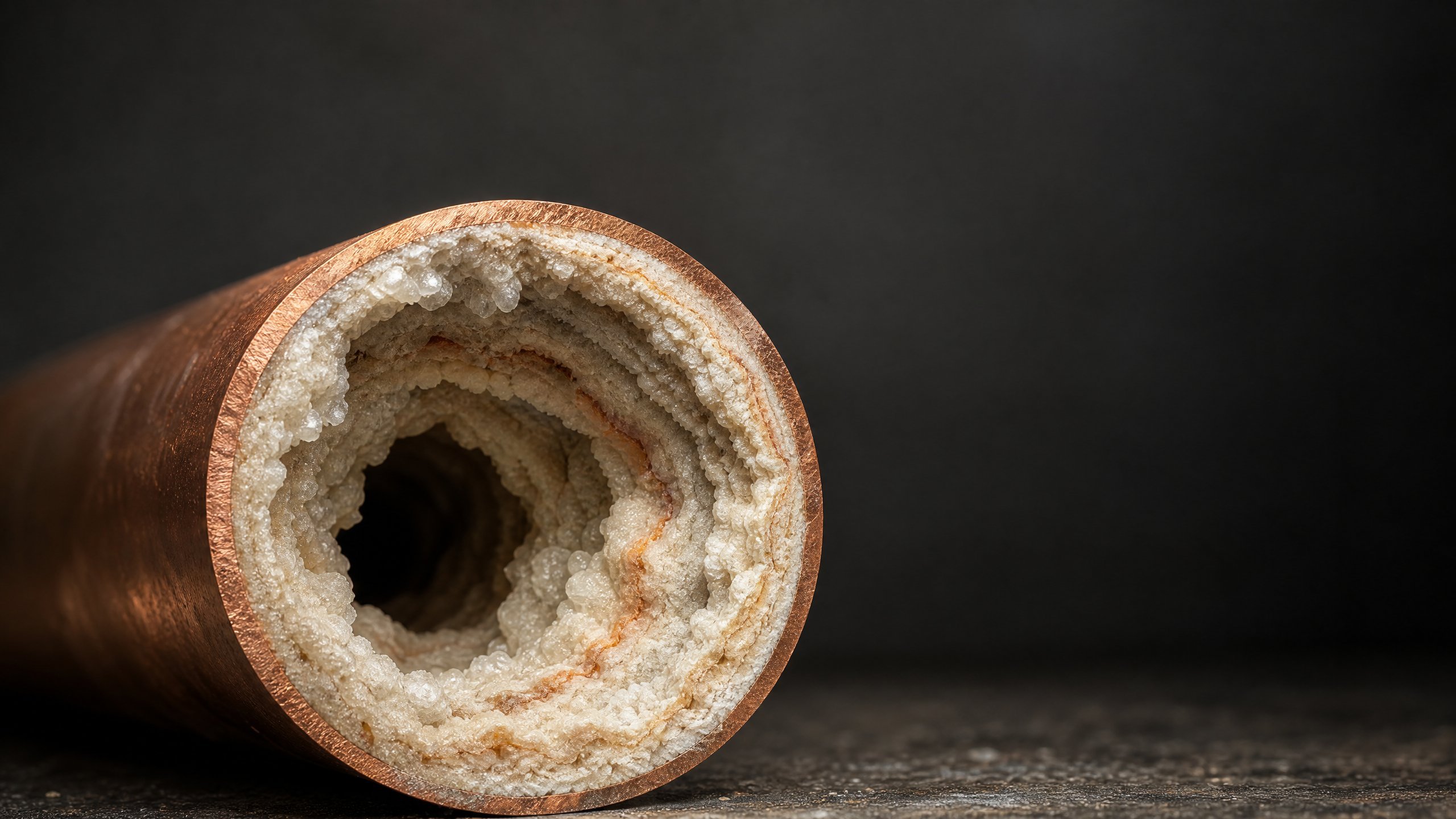 Thick white mineral scale crusting the inside of a cutaway copper pipe against a dark background