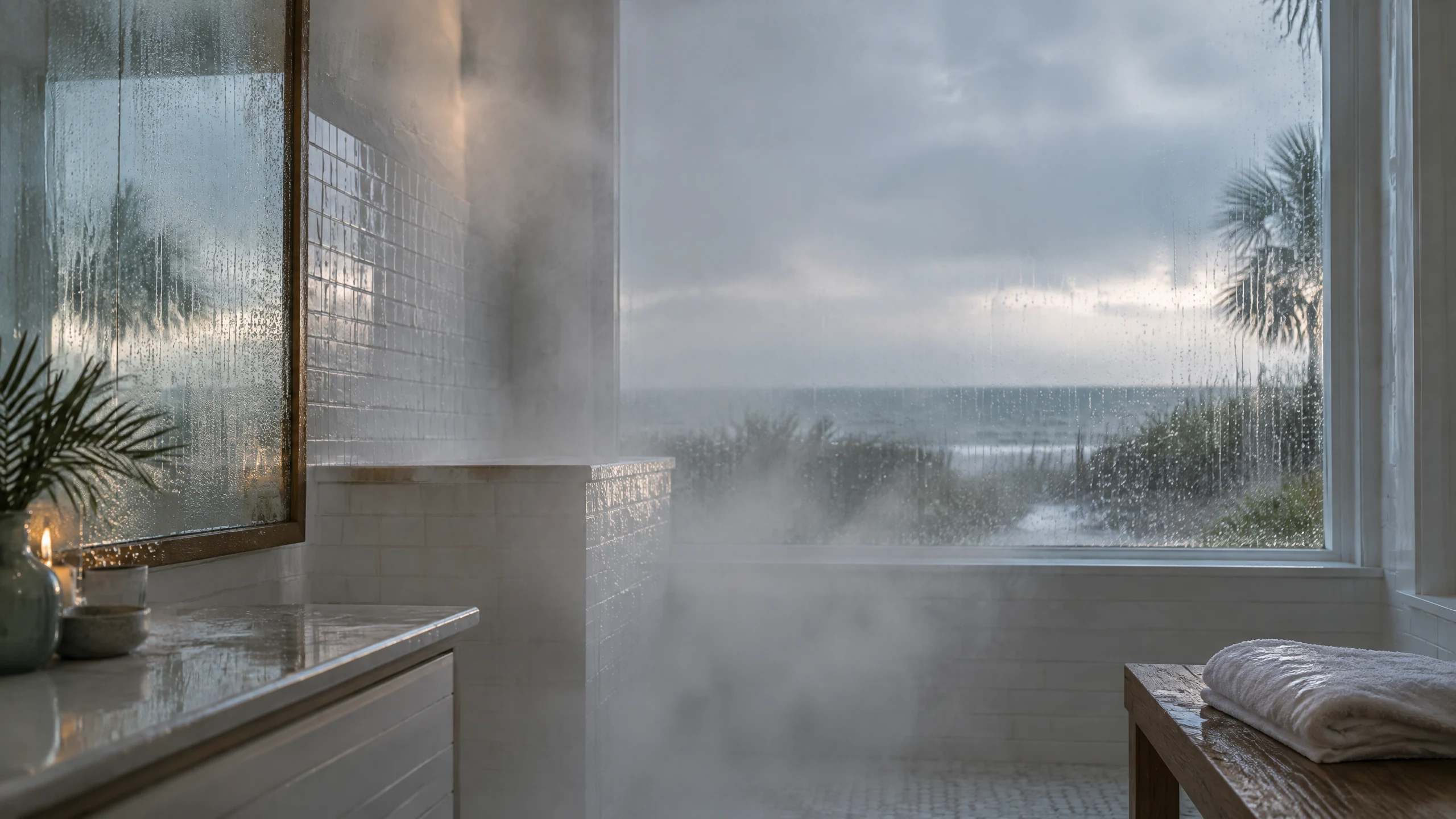 Steam rising from a running shower in a coastal Alabama bathroom at dawn, warm light across fogged tile