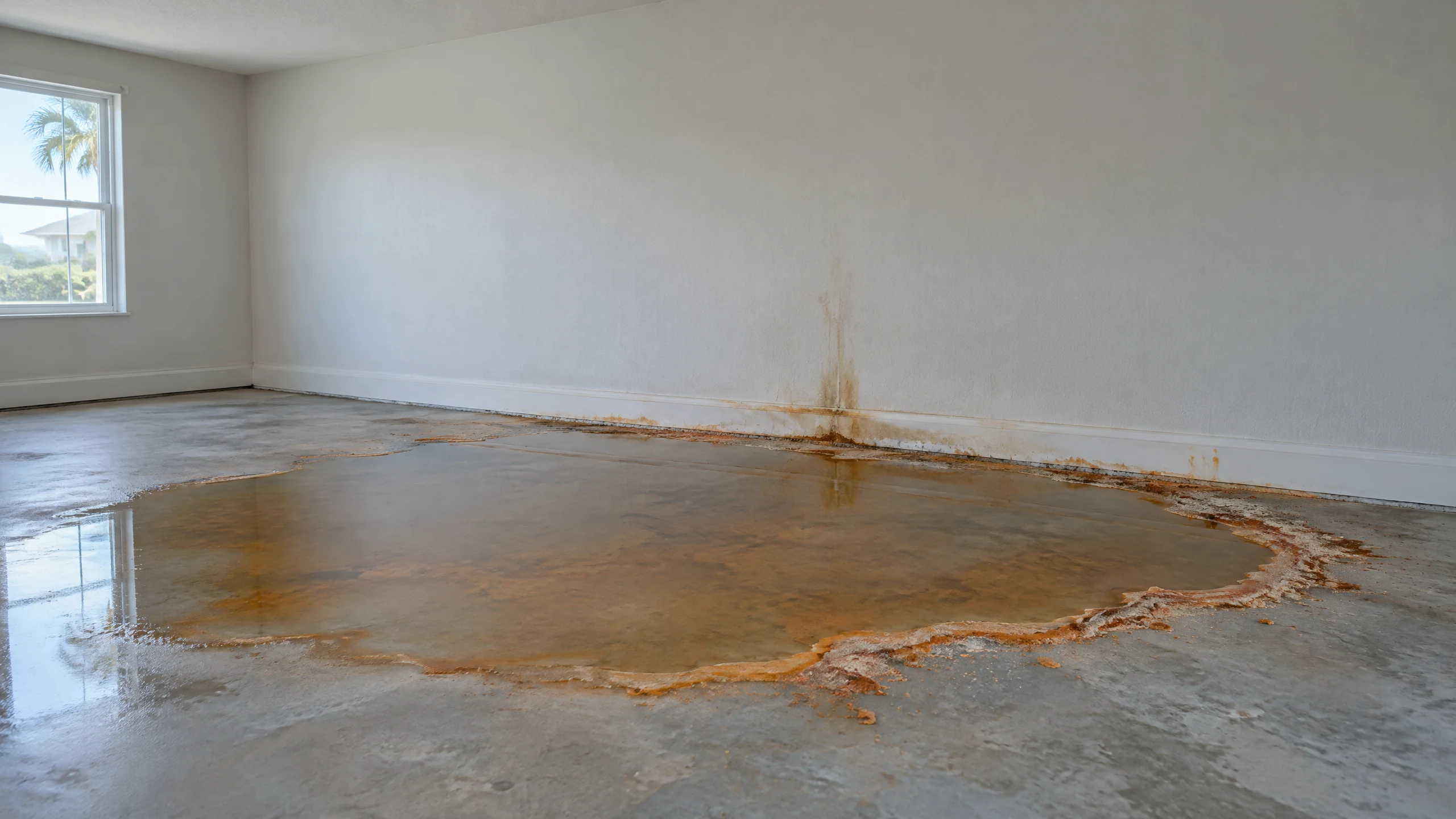 Rust stained water and mineral residue pooled on a bare garage floor beside a wall, the aftermath of a corroded water heater tank in coastal Baldwin County, Alabama