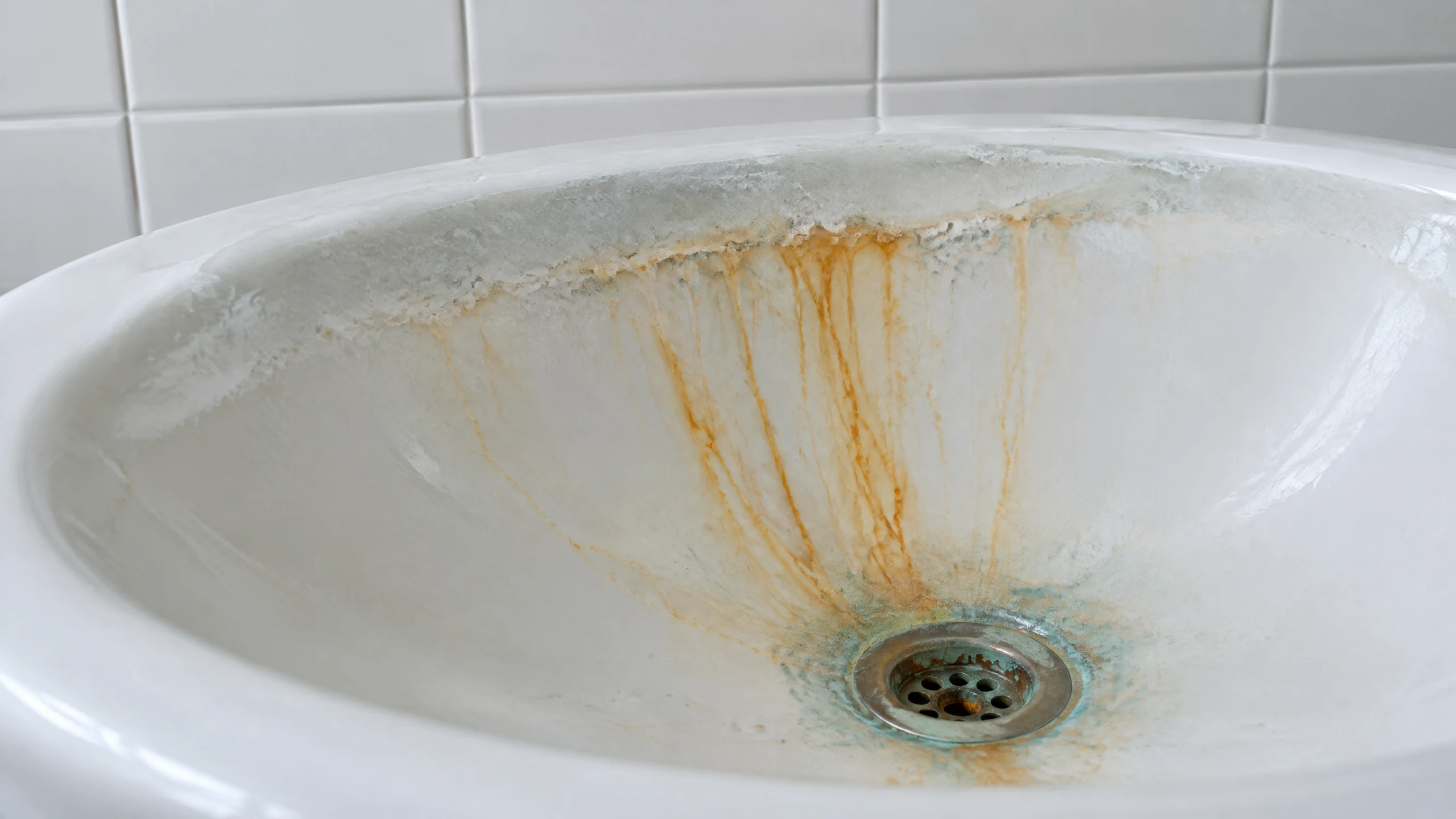 Rust orange iron staining streaked down the bowl of a white porcelain bathroom sink beneath the drain, with faint blue green corrosion around the fitting, in a Baldwin County, Alabama home