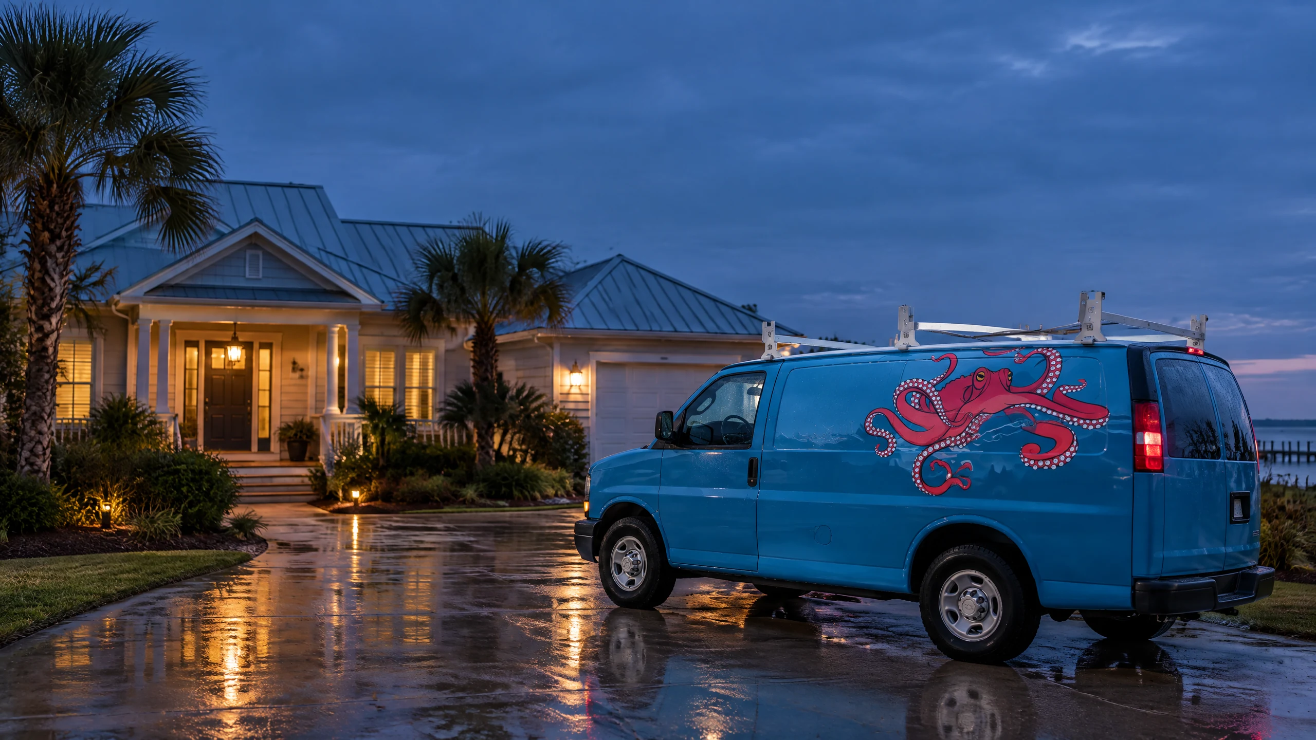 Gone Coastal Plumbing and Air service vehicle arriving at a coastal Alabama home after dark for an after-hours plumbing call