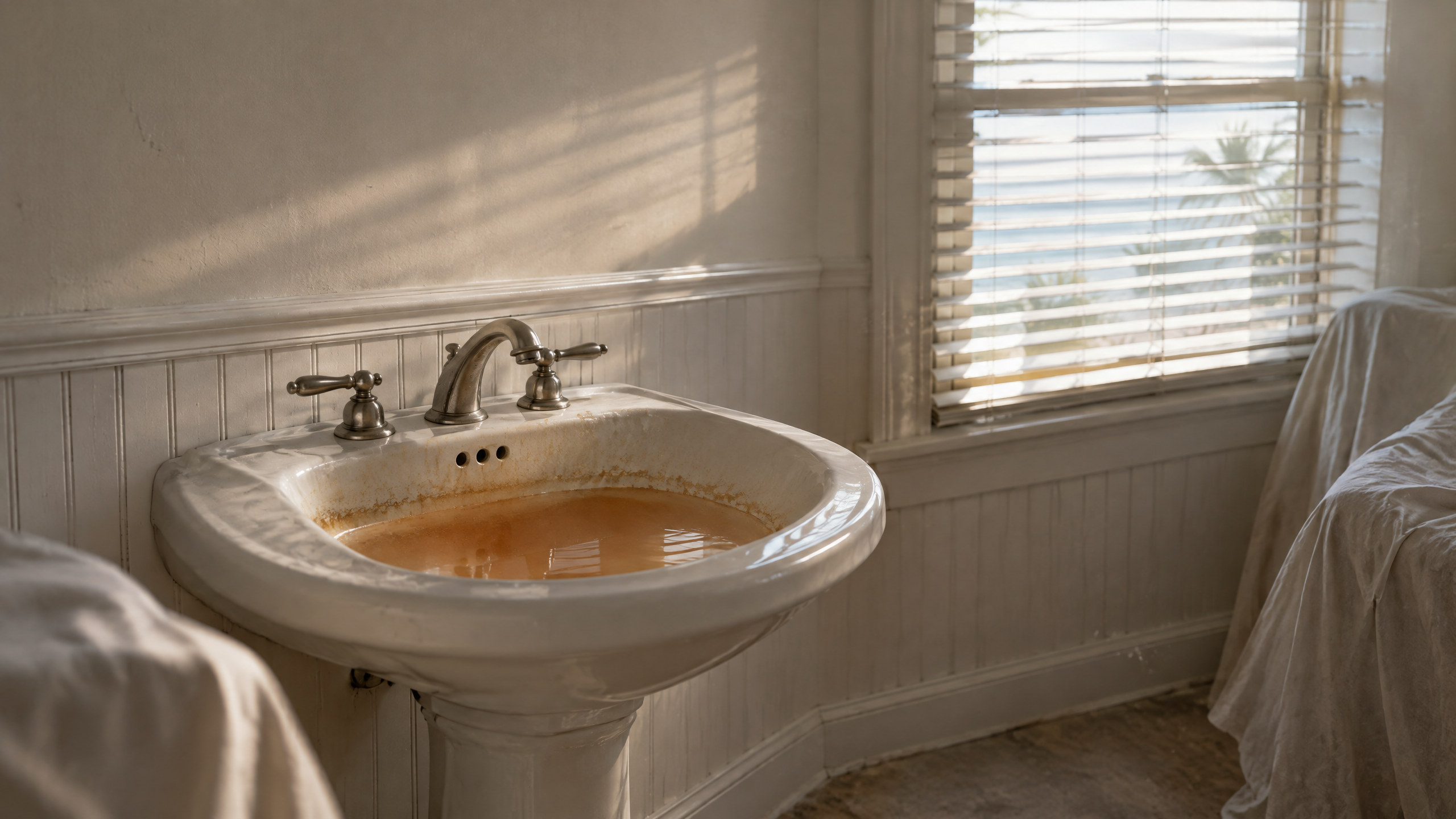 A shuttered Gulf Coast condo room in still, dusty light, discolored water standing in a white sink basin
