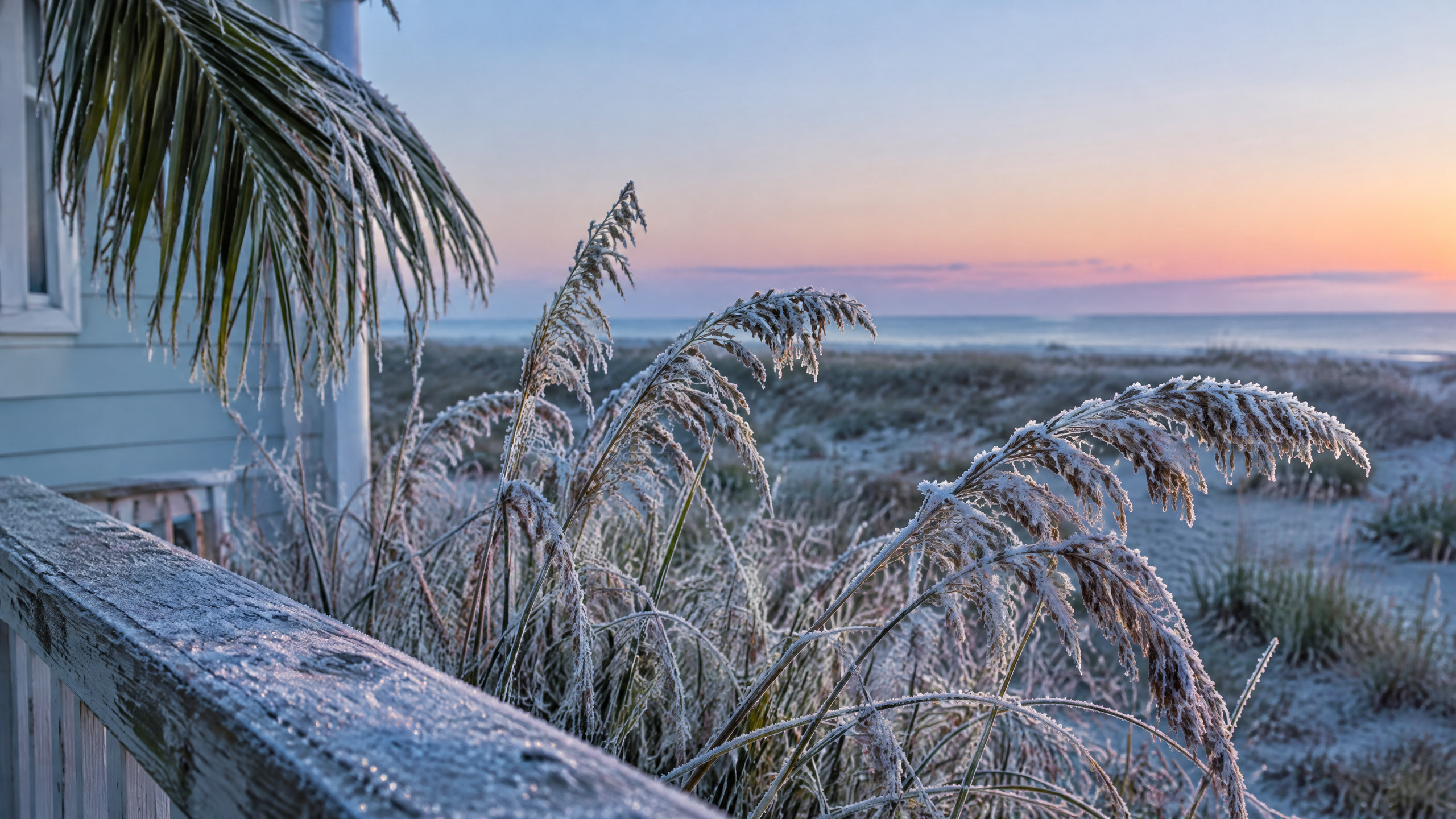 Heavy frost on coastal sea oats and a palm frond at dawn along the Alabama Gulf Coast, pale winter light