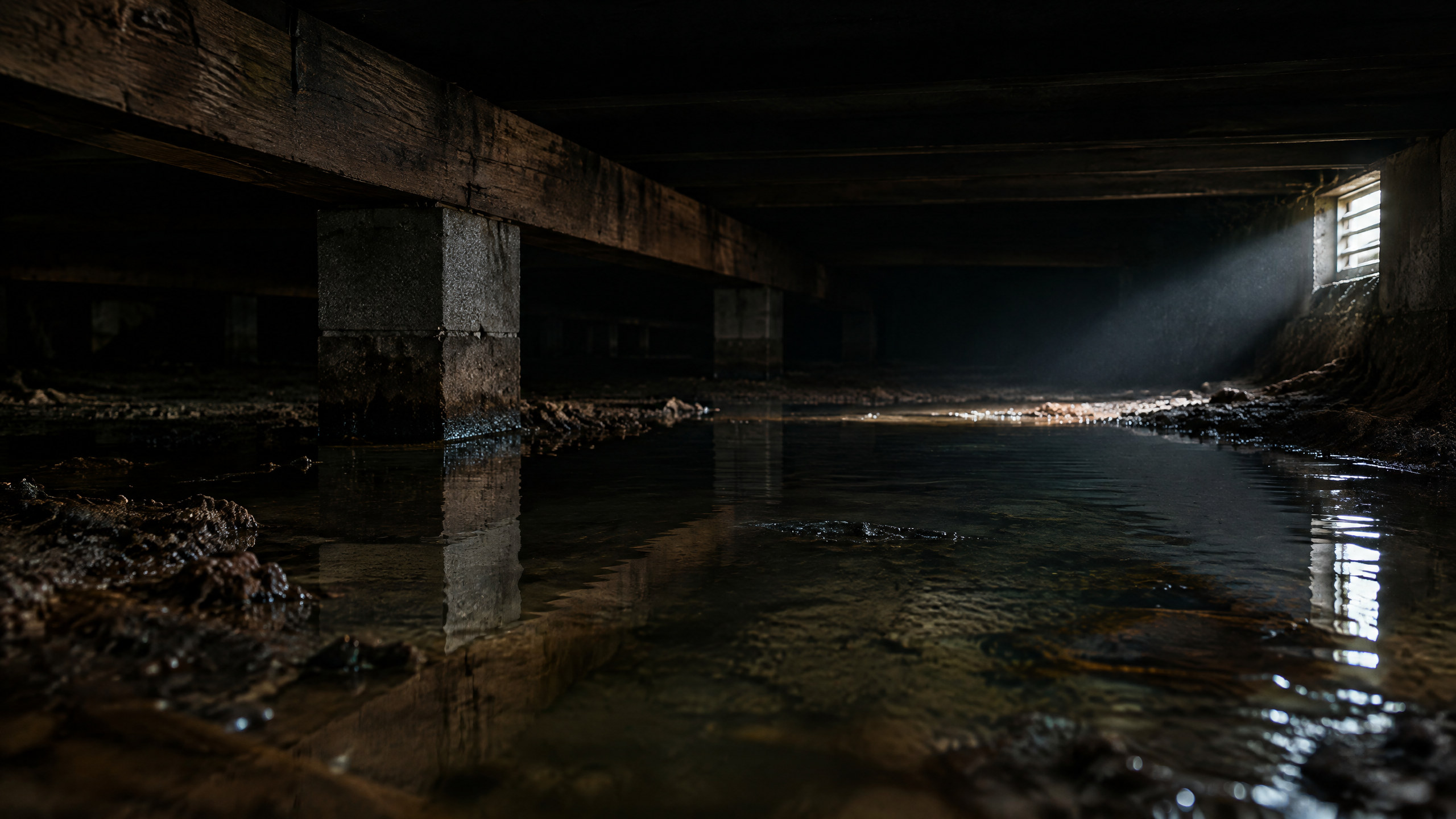 Dark damp crawl space void beneath a Gulf Coast home with shallow standing water catching a single shaft of daylight