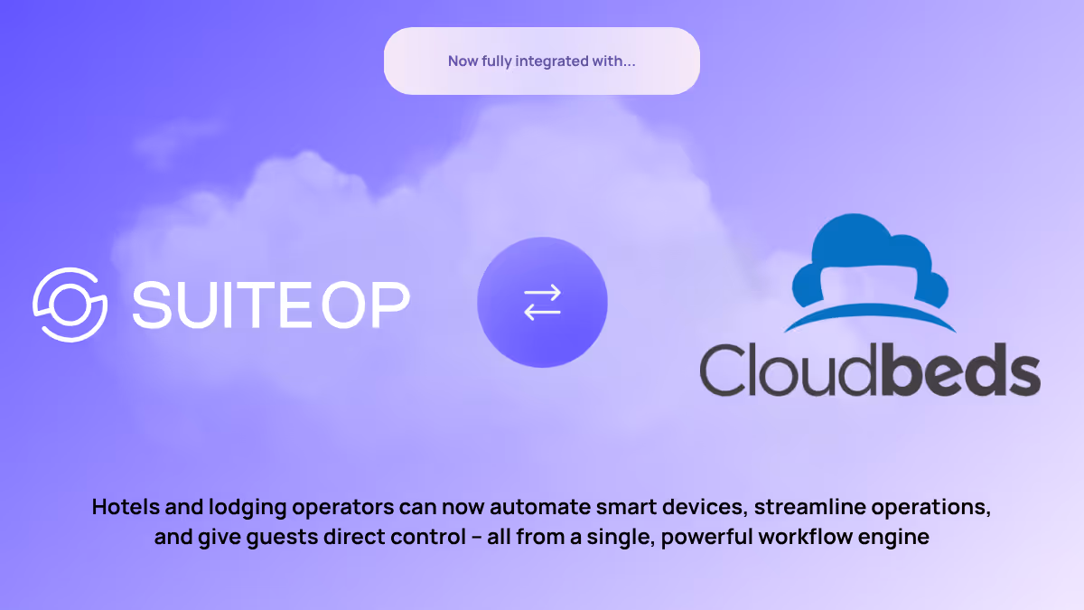 SuiteOp integrates with Cloudbeds to bring real-time smart device automation and guest control to hotels. Streamline operations, reduce energy costs, and enhance guest experiences