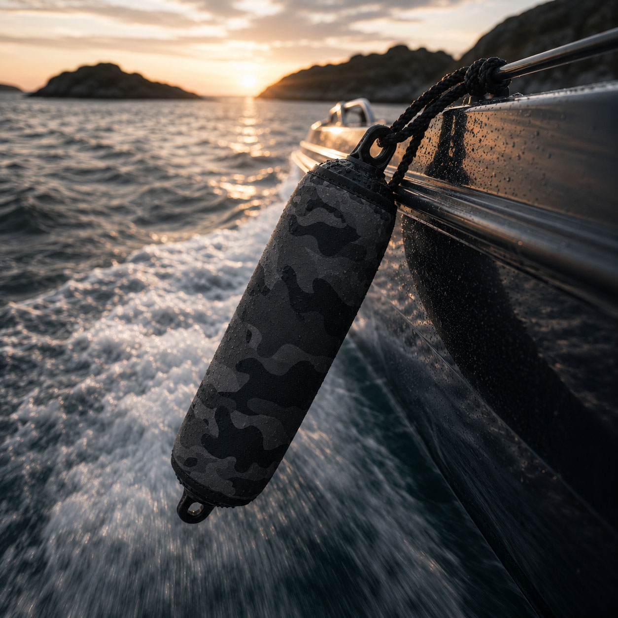 Happy fender hanging beside boat at sunset