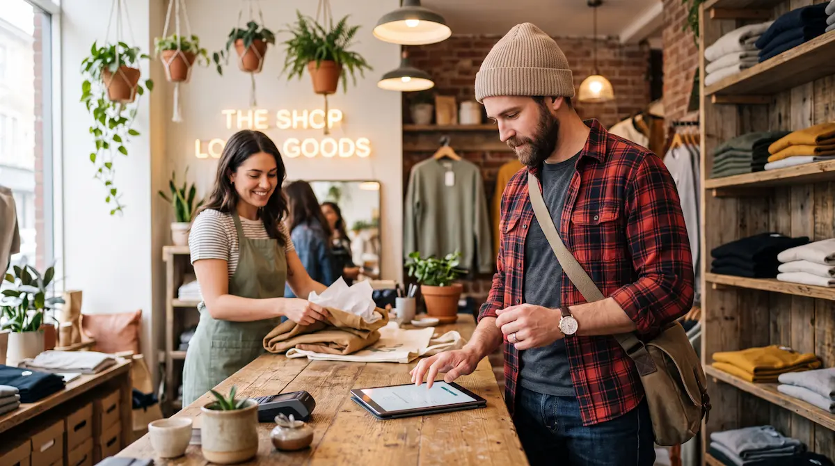 Client s'inscrivant à un programme de fidélité sur tablette en boutique - collecte CRM en point de vente