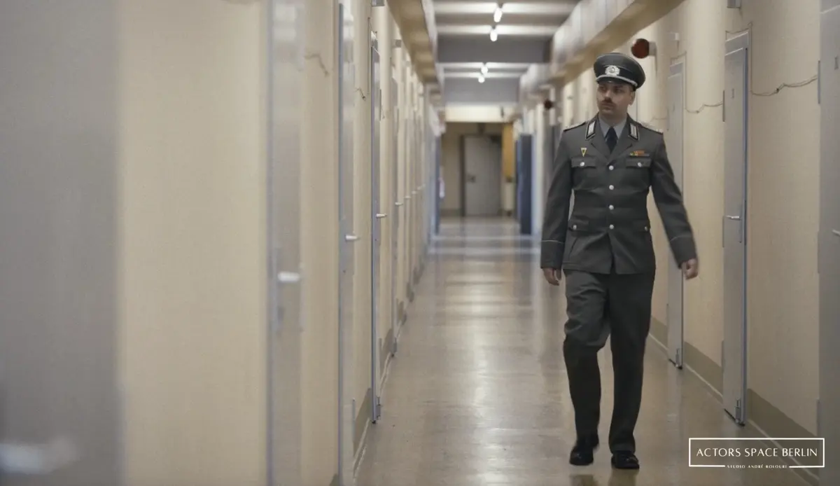 Ein uniformierter Mann in grauer Militärbekleidung geht durch einen langen, kargen Flur mit vielen geschlossenen Türen und Neonlicht.