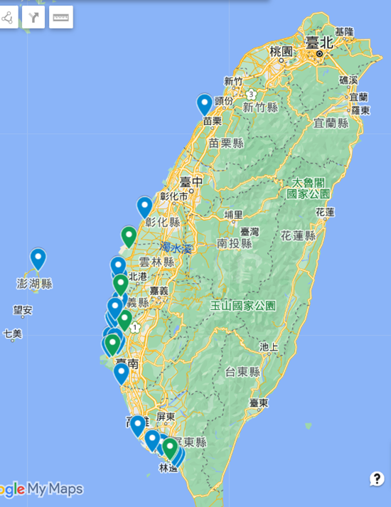 導電度地圖（單位：μmho cm25℃），綠色750、藍色10000（灌溉用水水質標準750），共23處站點。